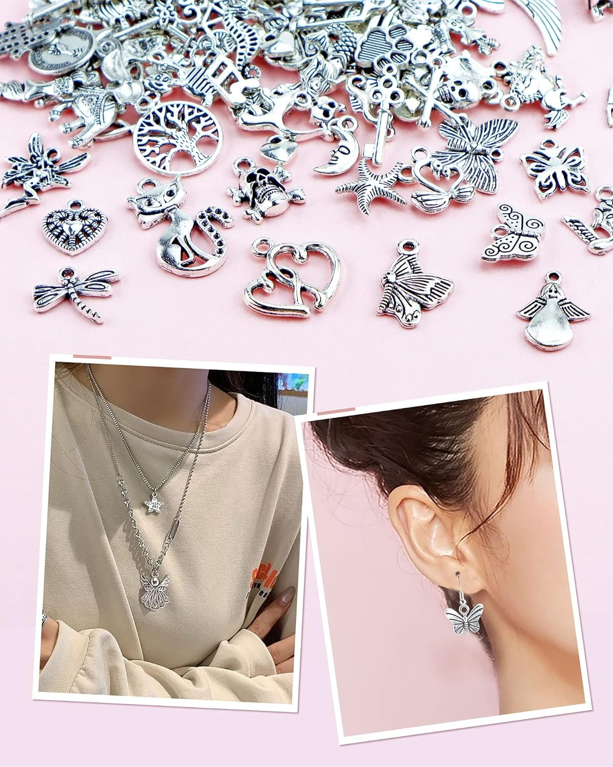 Wholesale Bulk Lots Jewelry Making Silver Charms Mixed Smooth Tibetan Silver Metal Charms Pendants DIY for Necklace Bracelet Jewelry Making and Crafting JIALEEY 100 PCS image number 3