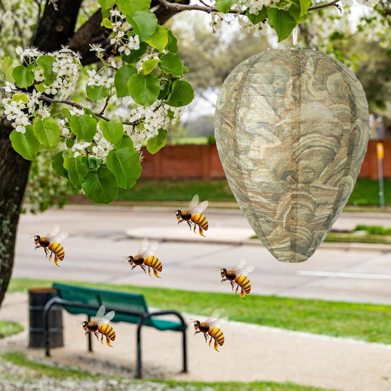 DECYOOL 6 Pack Paper Wasp Nest Decoy Hanging Wasp Nest Stay Away from Wasps Hornets Yellow Jackets(Brown Green) - A-Yellow image number 3