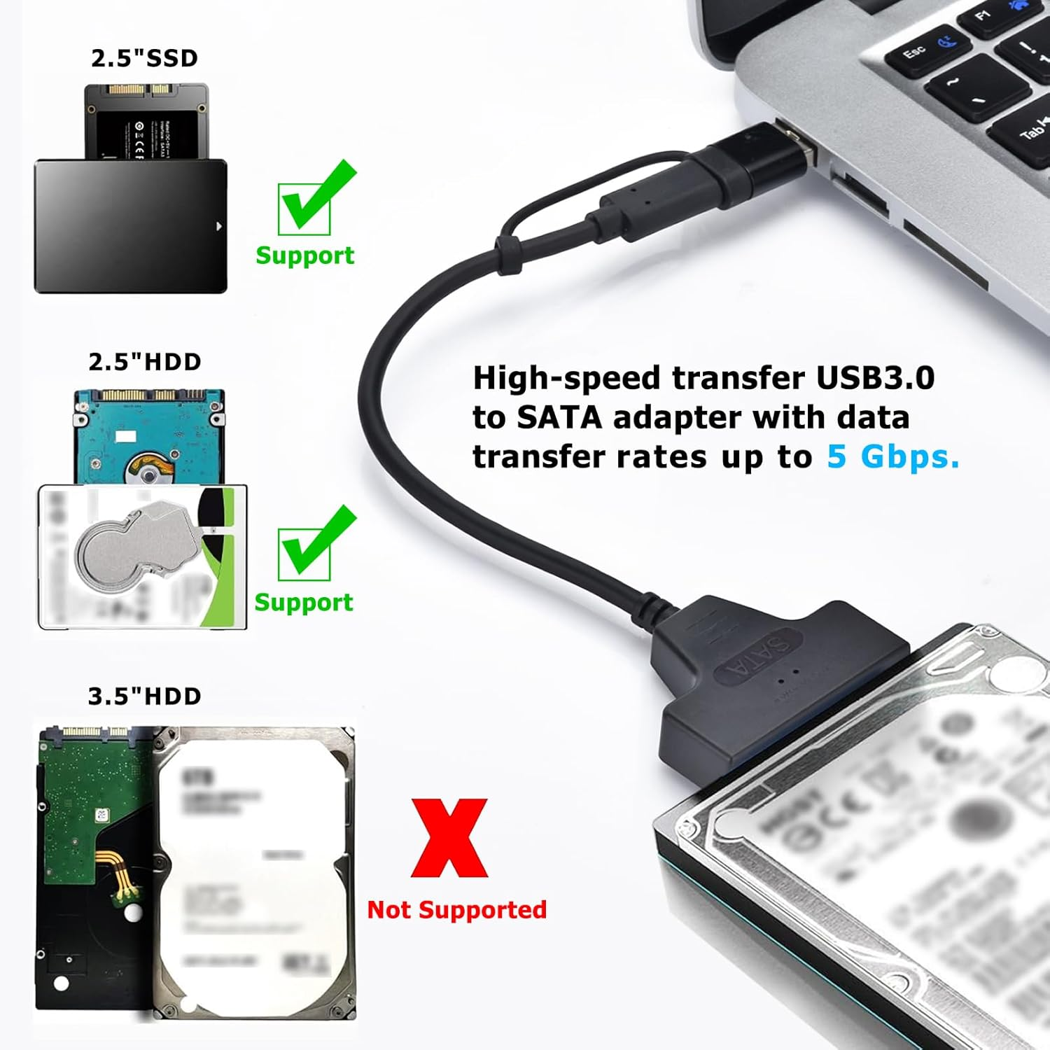2 In1 SATA III to USB 3.0 Adapter Cable, USB-C/USB-A 3.0 to SATA Converter Compatible with 2.5 Inch HDD and SSD, Supports UASP High-Speed Transfer image number 2