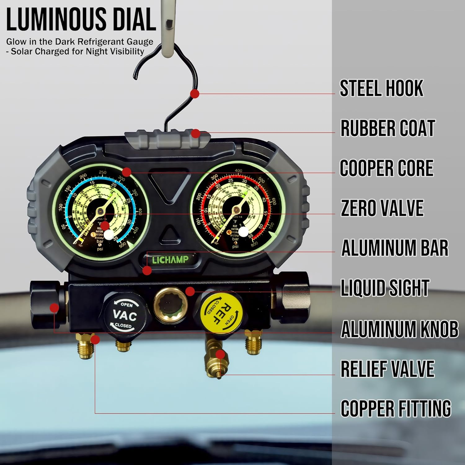 Lichamp HVAC Gauges with 5 FT Hoses, AC Manifold Gauge Set R134A R1234 R410A and R32 Refrigerant Gauges image number 5