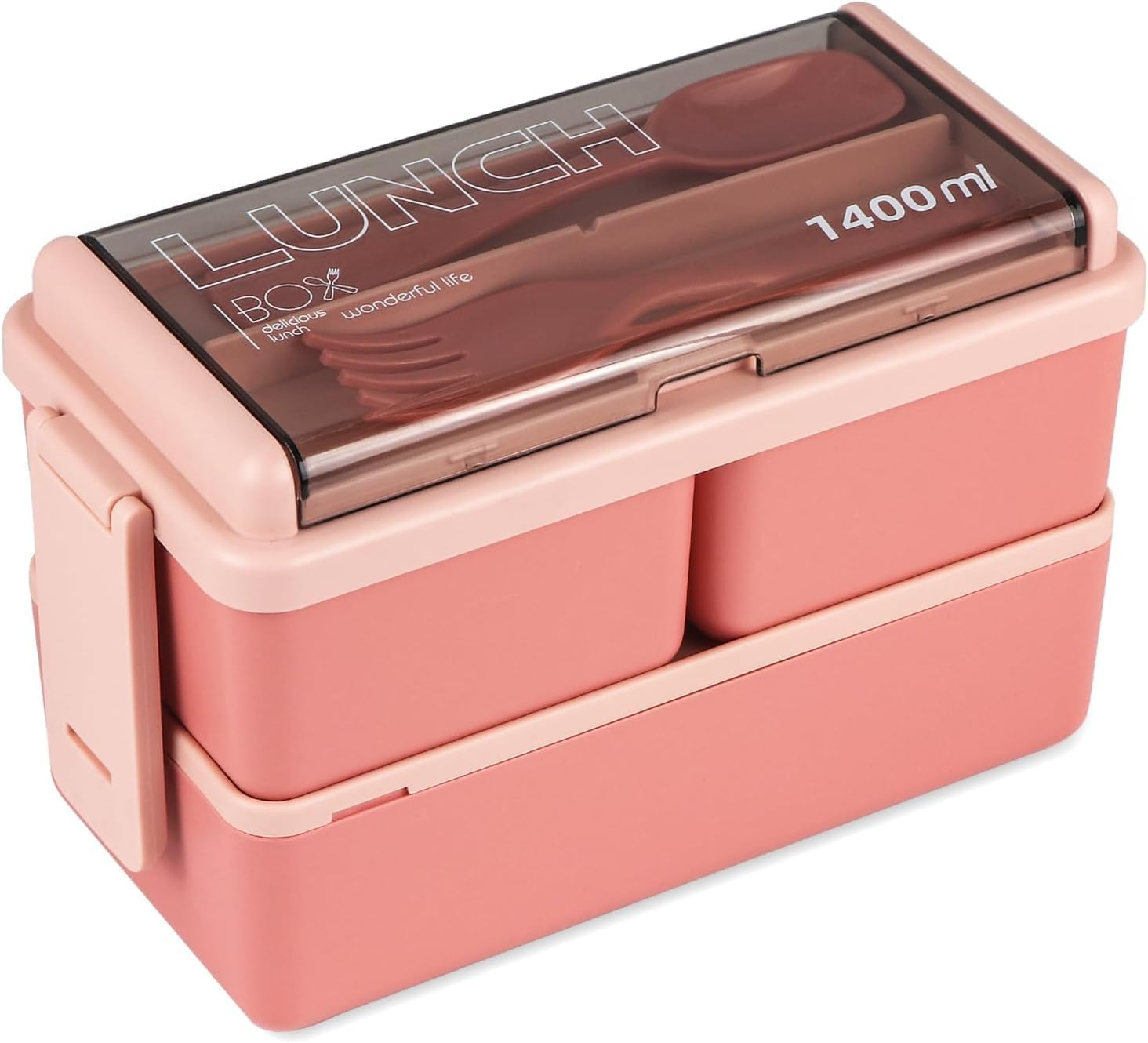 Lunch Box Stackable, 1400Ml Bento Box with Spoon Fork, Leak Proof 2 Layer Boxes with 3 Removable Compartments and Cutlery, for Adults Kids Office Microwave Dishwasher Safe Available (Pink) image number 5