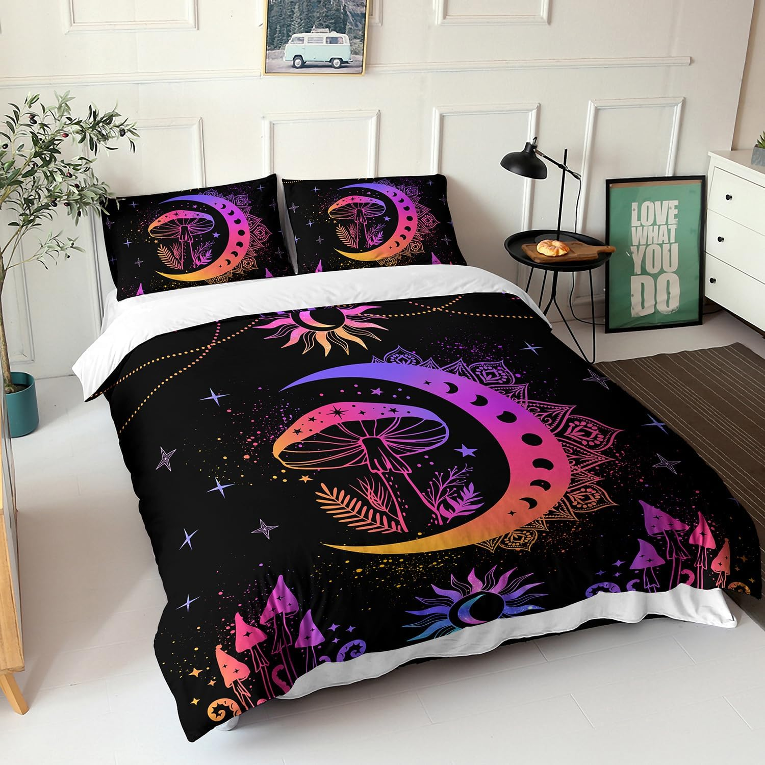 AILONEN Sun and Moon Duvet Cover Set Queen Size, Bohemian Bedding Set,Magical Mushroom Comforter Cover Set,Boys Girls Gradient Celestial Duvet Cover Set 3 Pieces, 1 Quilt Cover and 2 Pillowcase image number 4