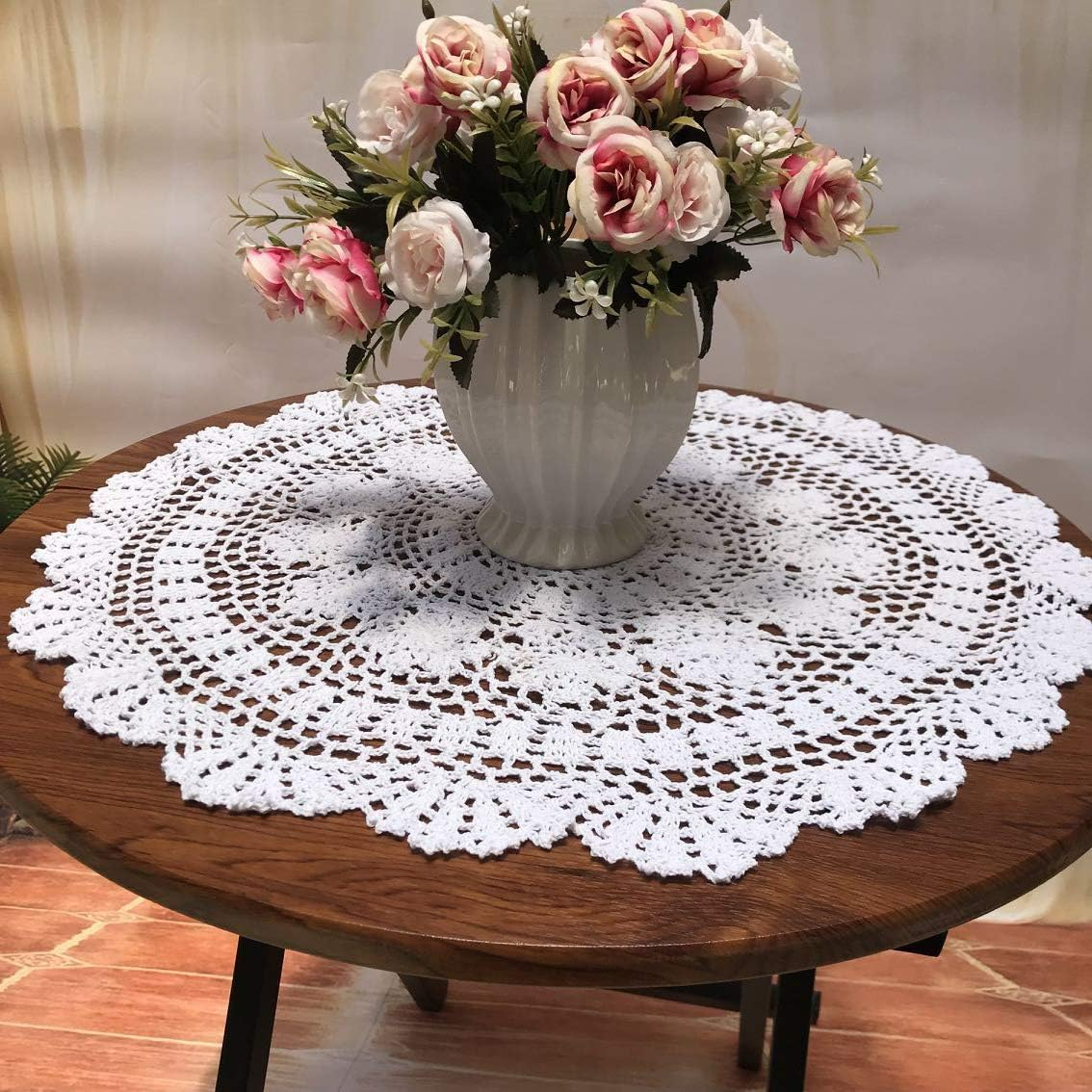 Damanni White Cotton Handmade Crochet Lace Tablecloth Doilies Table Overlay,Round,23 Inch,2Pcs image number 4