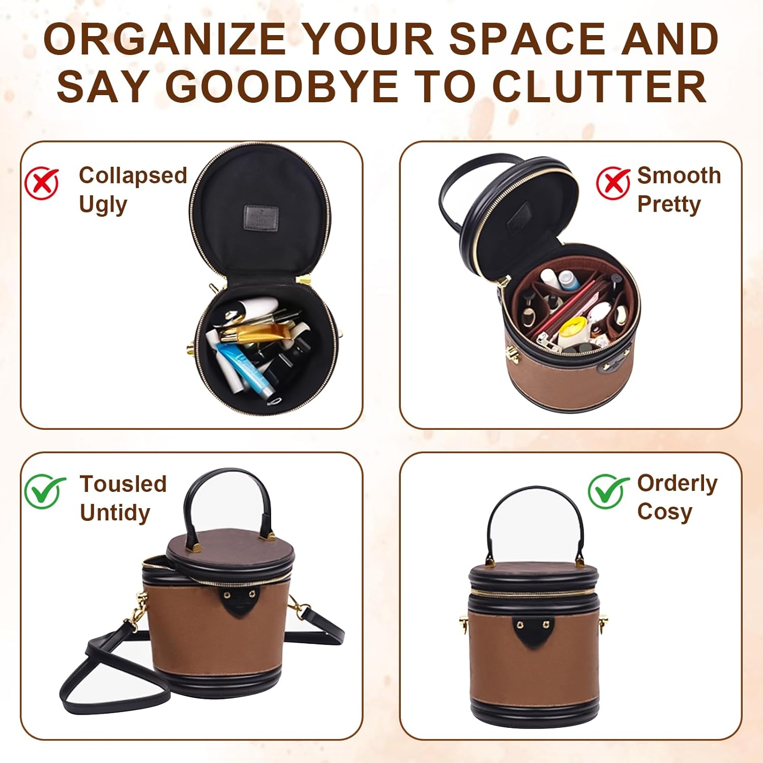 Bag Organiser, Handbag Organiser, Inner Pocket for Handbags, Bag Organiser, Bag Organiser, Handbag with 8 Compartments, Felt Storage for Women, 14 Cm X 12 Cm, Dark Brown image number 1