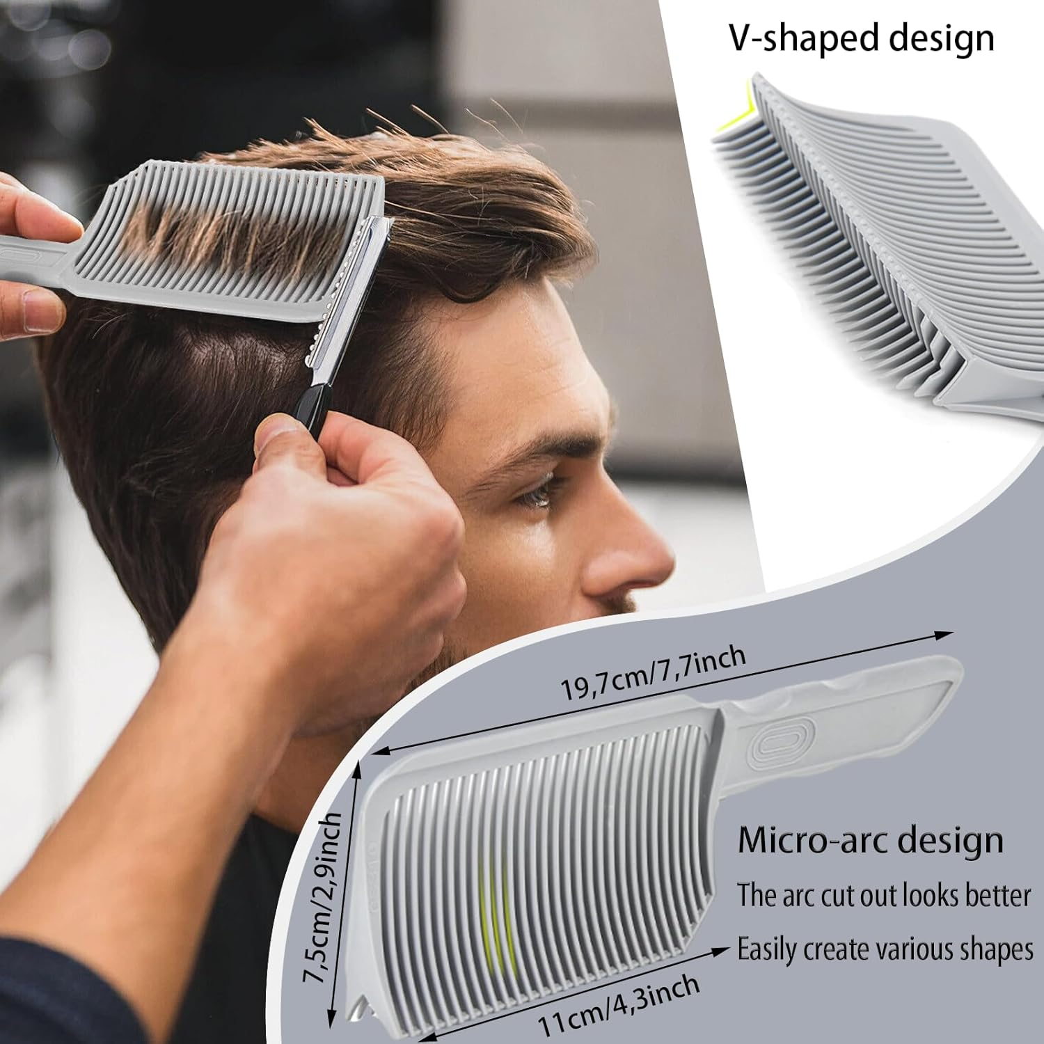 Whaleo Hair Cutting Comb Set - Grey Plastic & Silicone - Men'S Short Hair - Barber Comb, Transition Comb, Hairdressing Brush, Beard Stencil image number 2