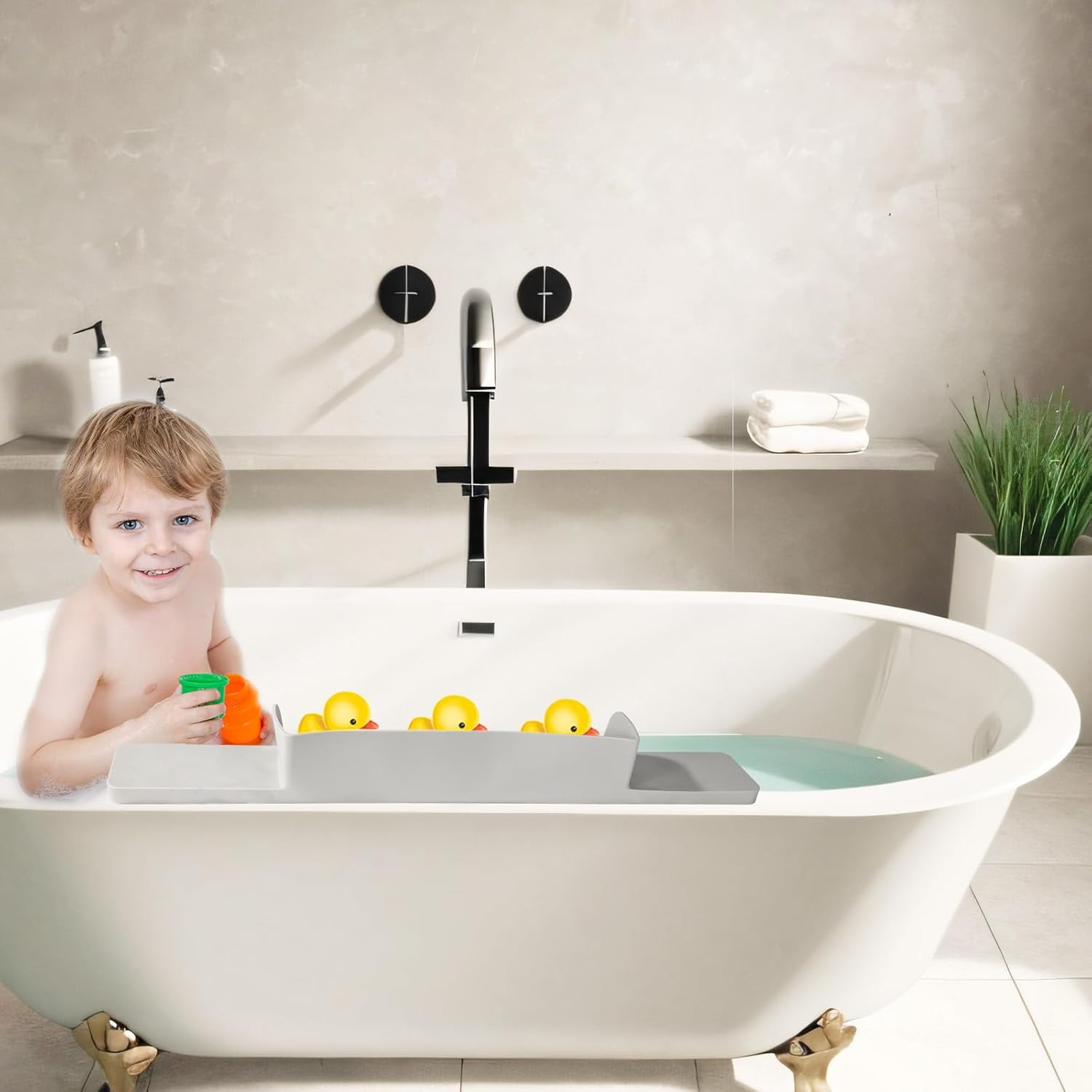 BOXOB Splash Protection Guard for Bathtub, 29.92X3.54X3.35In Silicone Bath Splash Protection Guard with Strong Suction Cup No-Leak Toy Tray Caddy Holder Storage Bathtub Tray(Light Gray) image number 5