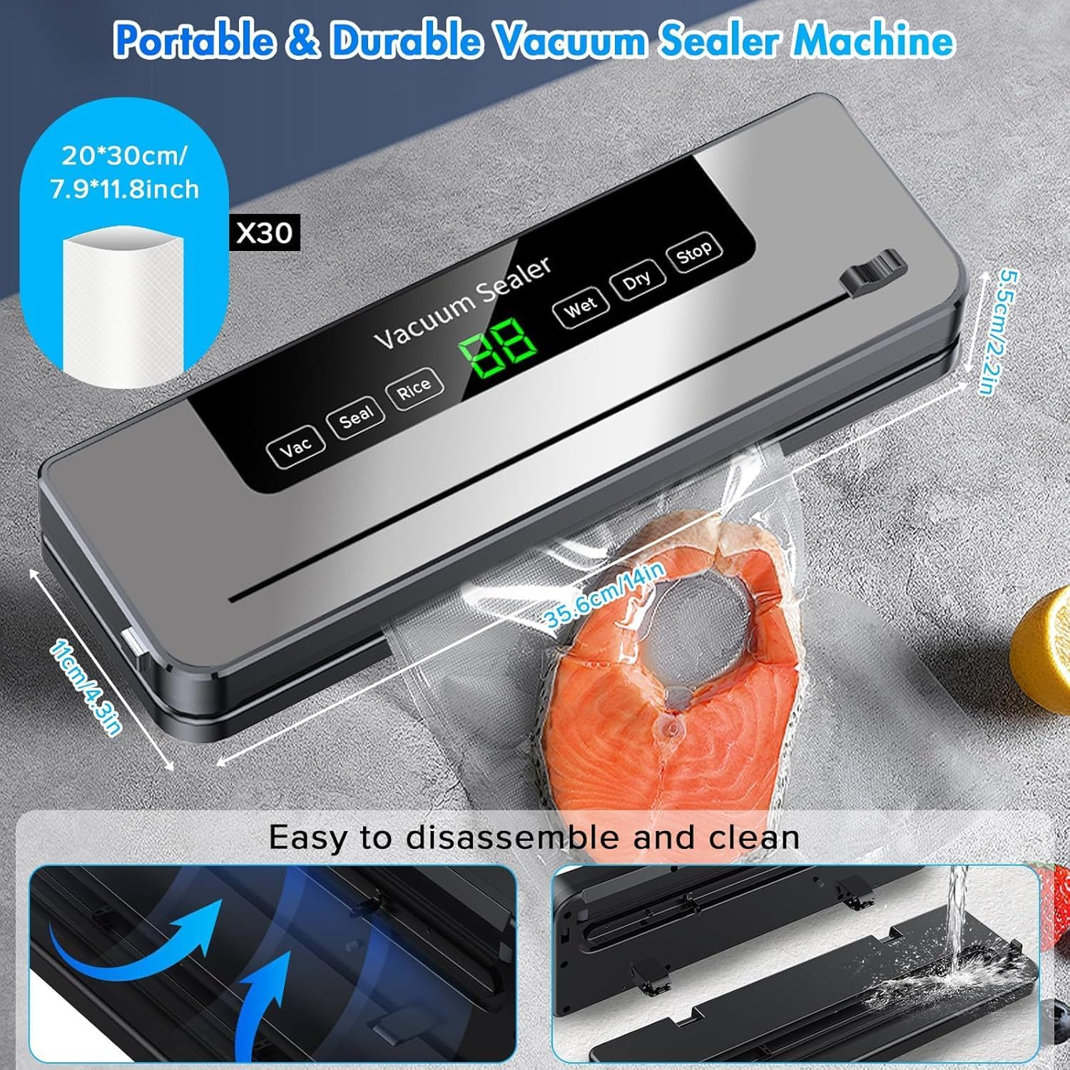 Yakiter Vacuum Sealer Machine, 6-In-1 Automatic Sealing Food Saver Machine with 30Pcs Sealing Bags, Dry & Moist Sealing Modes, Built-In Cutter,For Food Fresh and Storage (Grey) image number 2