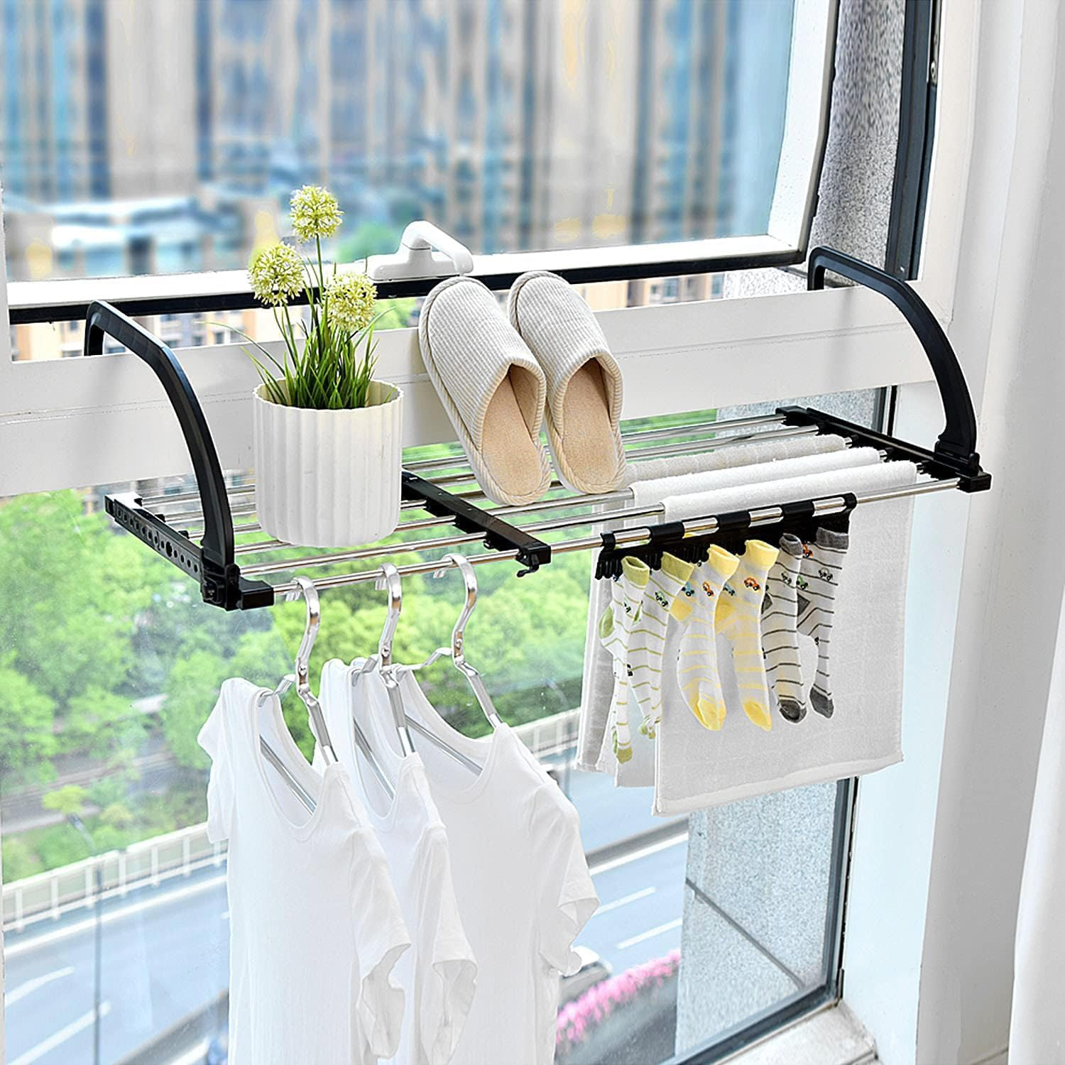Portable Clothes Drying Rack for Balcony, Foldable Railings Windowsill, Retractable Radiator Clothes Airer,Folding Towel Rack Indoor Outdoor Travel RV Laundry Rack with Sock Clips for Drying Socks image number 2