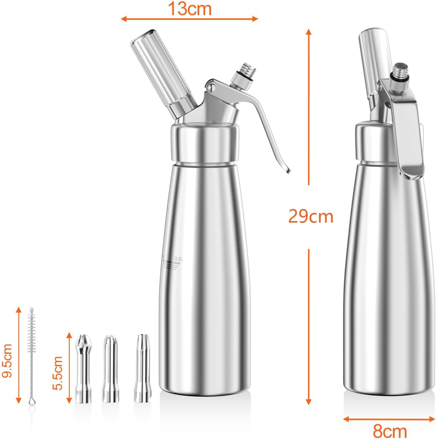 500Ml Cream Dispenser, Cream Syphon Aluminium with 3 Stainless Steel Decorative Nozzles and 1 Cleaning Brush, Leak-Proof Cream Siphon for Preparing Whipped Cream, Cream, Mousse and Desserts image number 1