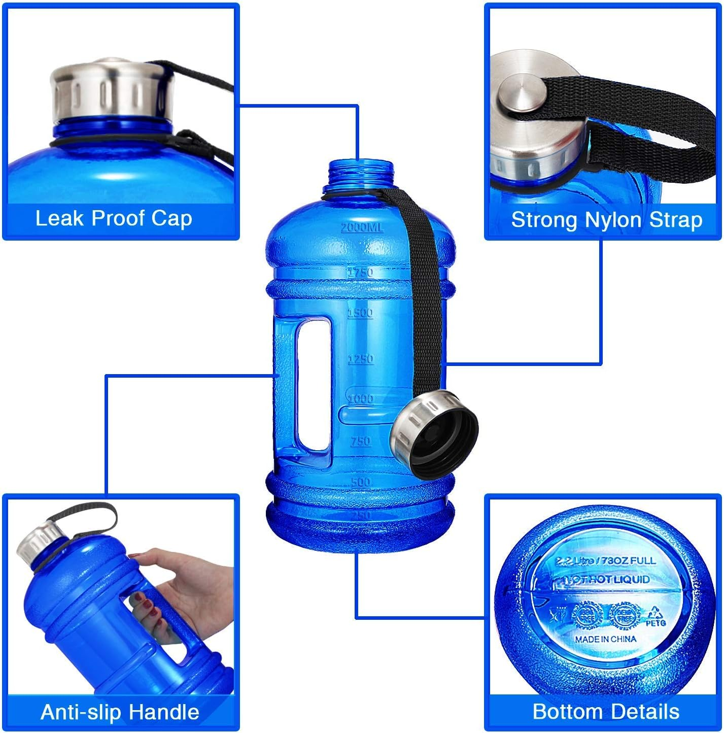 Vaupan Half Gallon Big Water Bottle, 2.2L/73 OZ Large Leak Proof Sports Jug with Handle,Huge BPA Free PETG Plastic Wide Mouth Drinking Container Flask for Fitness Gym Biking Travel Outdoor Water Jug image number 6