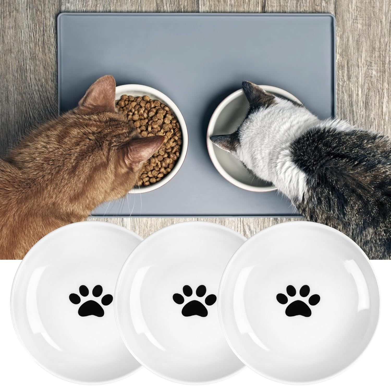 Ceramic Cat Bowl, Set of 3, Cat Bowl Set, Bowl with Non-Slip Rubber Base, Relieves Whisker Fatigue, Feeding Bowl for Cats and Small Animals image number 3