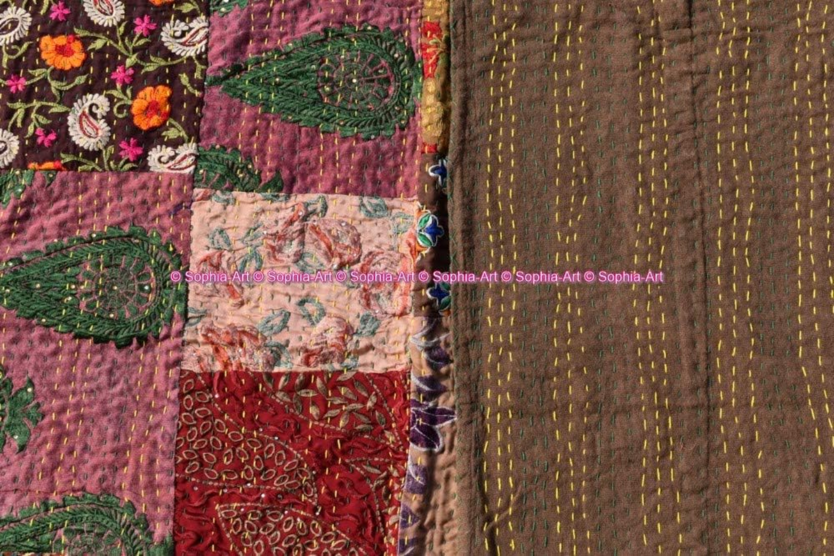 Handmade Vintage Khambadiya Print Hand Jari Patchwork King/Twin Size Embroidery Kantha Quilt Home Decorative Kantha Bedspread Indian Blanket Coverlet Art image number 3