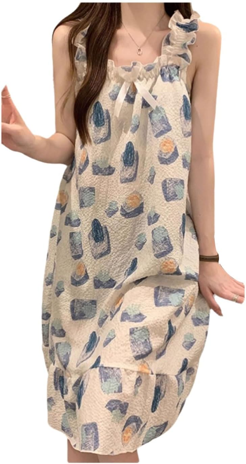 Polyester-Cotton Blended Nightgown Suspenders with Chest Pads Nightdress Loose Thin Can Be Worn Outside image number 2