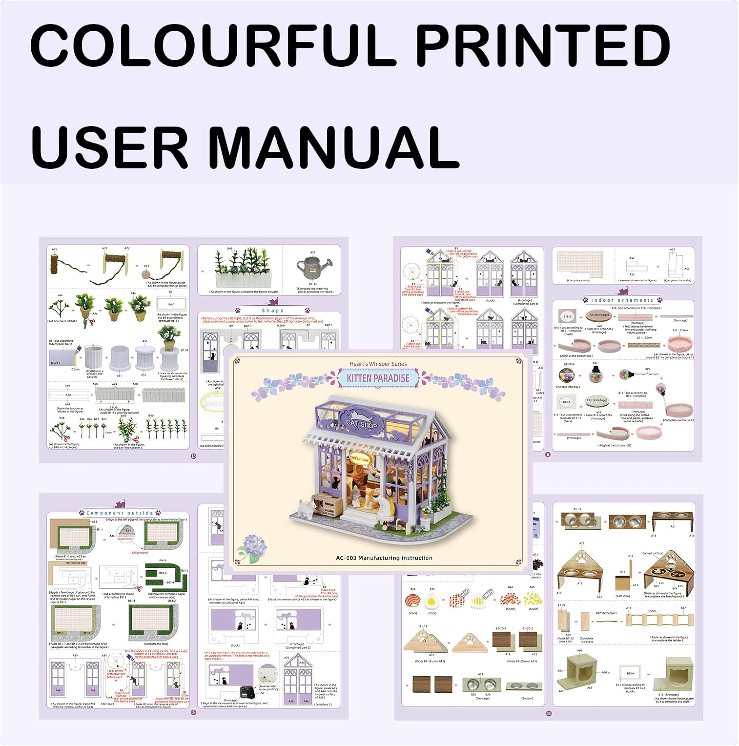 CUTEROOM DIY Miniature Cat Shop Dollhouse Kit with LED Lights&Music Box, Purple and White, Includes Furniture and Accessories Best Gifts for Aldult (Kitten Paradise) - Kitten Paradise image number 3