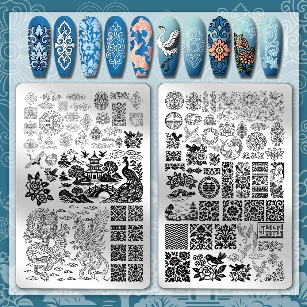 PH Pandahall 2Pcs Chinese Style Nail Stamp Plate Dragon Porcelain Texture Print Art Template Stainless Steel Nail Image Plate Nails Stencils for Women DIY Printing 5.7X3.7 Inch image number 3