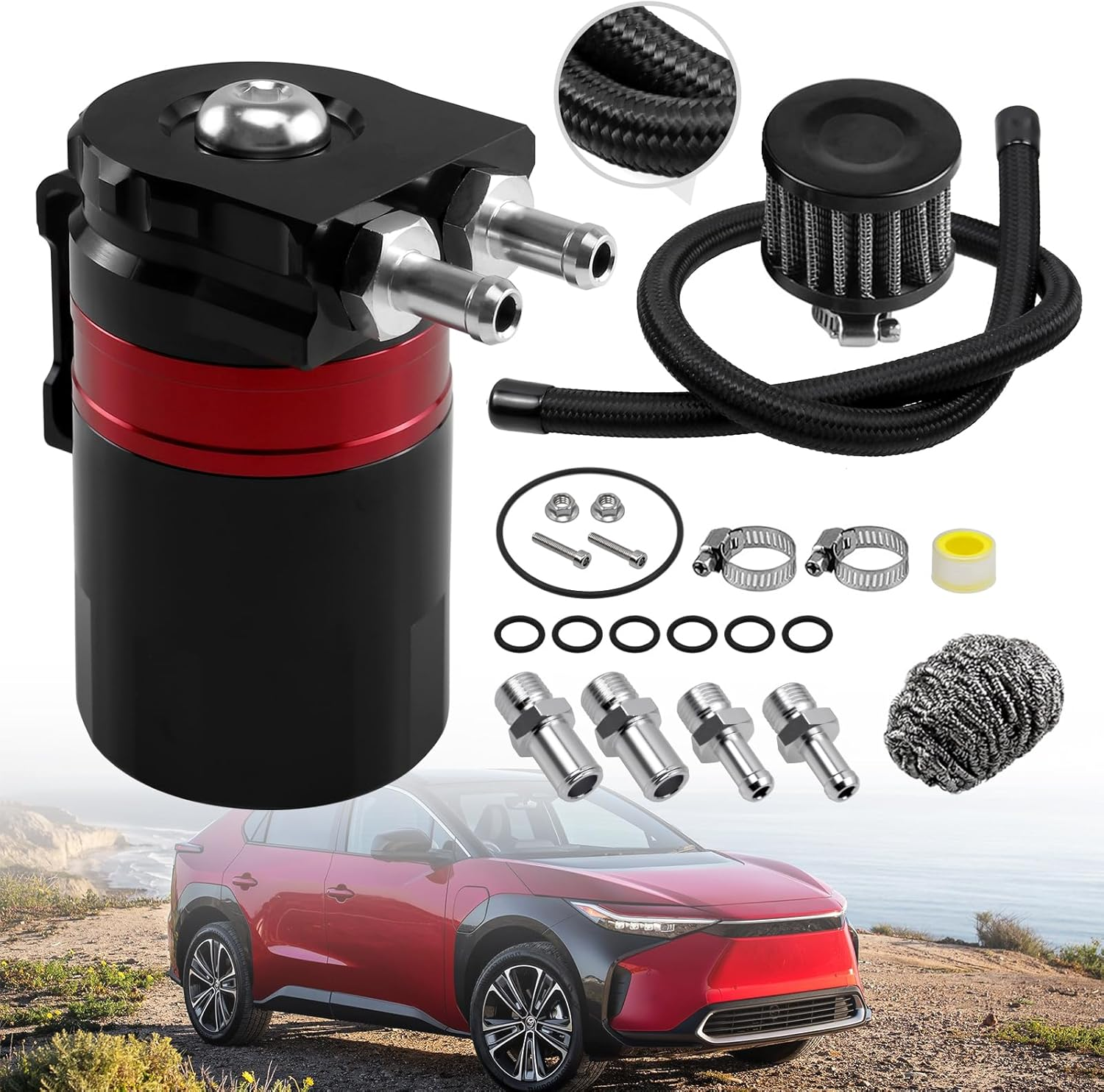 RYANSTAR RACING Universal Oil Catch Can Kit,Air Oil Separator, 350Ml Oil Catch Can Tank,With Breather Filter Black+Red image number 1