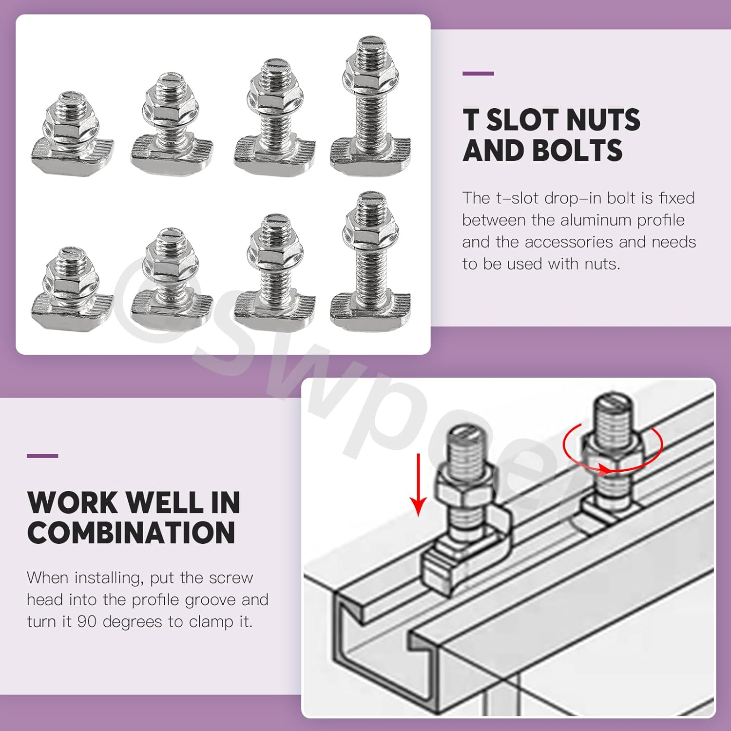 Swpeet 80Pcs 4 Sizes European Standard 30 Series M6 X 12/16/20/25Mm T Slot Drop-In Bolt and Nickel M6 Flange Nut Assortment Kit, Thread T Slot, Drop-In Bolt T-Bolt, Hammer Head Bolt, T Screw Stud image number 1