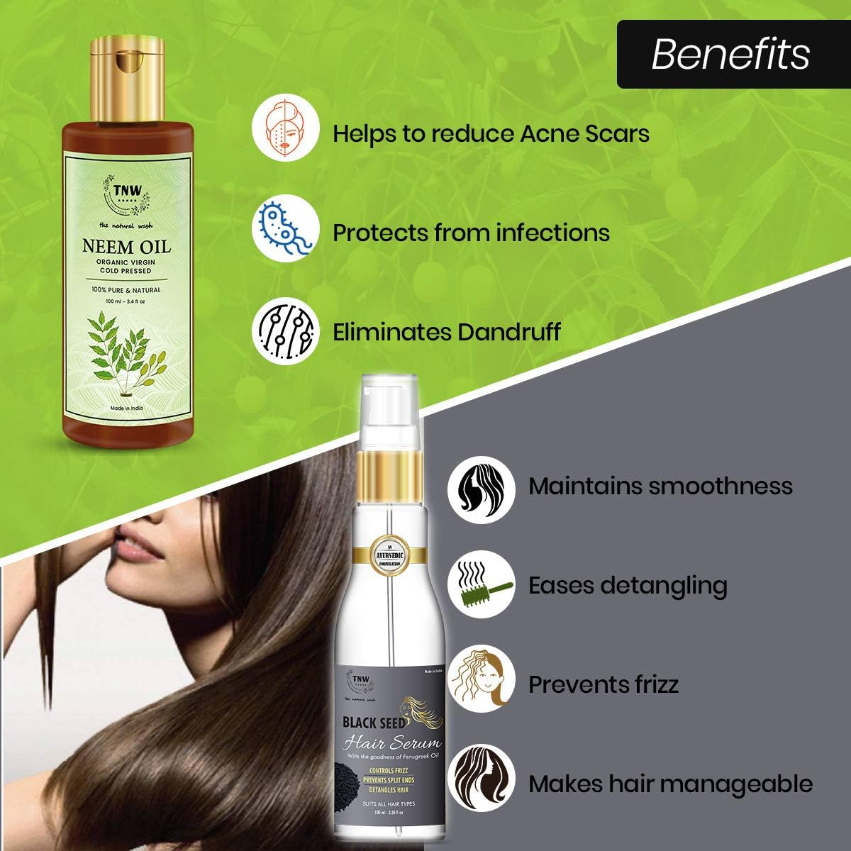 TNW-THE NATURAL WASH Dandruff Care Combo of Cold Pressed Neem Oil and Black Seed Hair Serum (All Natural, Chemical-Free)
