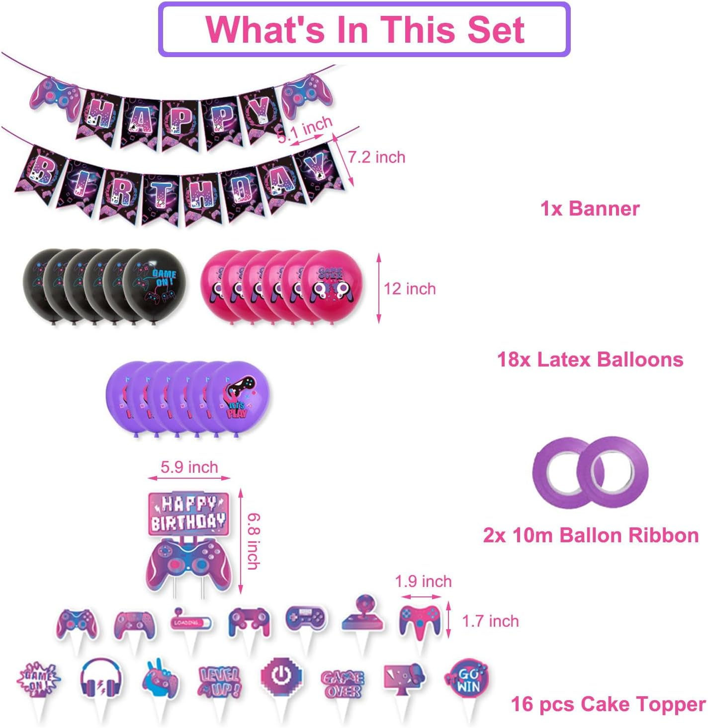 37Pcs Video Game Party Decoration Set, Video Game Themed Birthday Party Decorations, Includes Banner Balloons Cake Toppers image number 5