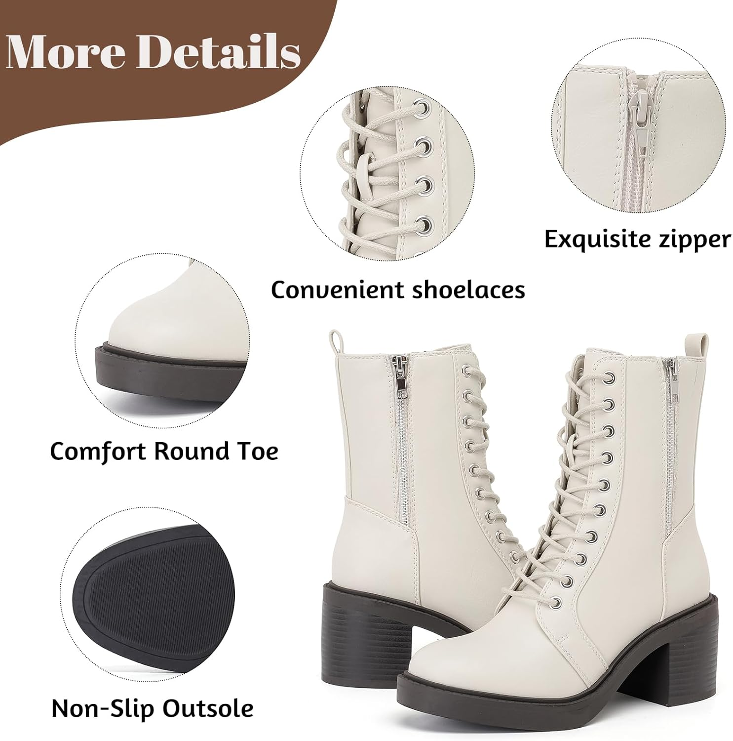 Ruiee Women'S Ankle Boots, Mid Calf Chunky Block Heel and Comfortable round Toe Lace up Fashion Combat Fall Winter Booties for Women. image number 2
