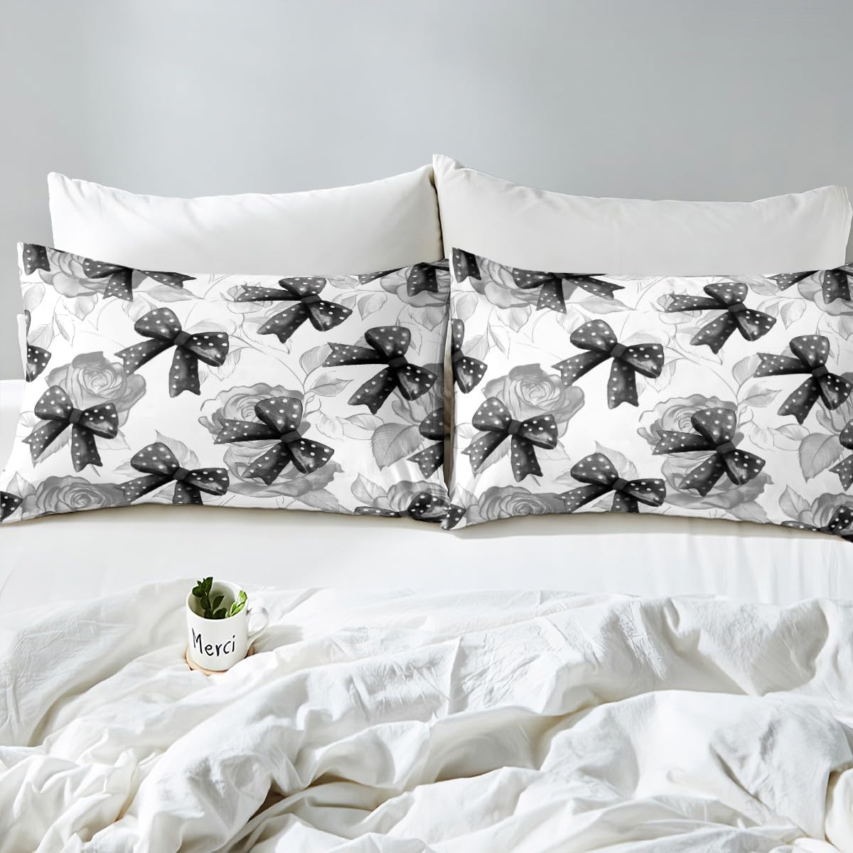 Homemissing Black White Bowknot Duvet Cover Set Double Size for Kids Girls Teens Bedroom Cute Coquette Bow Bedding Set Rose Bow Ribbon Comforter Cover with 2 Pillowcases