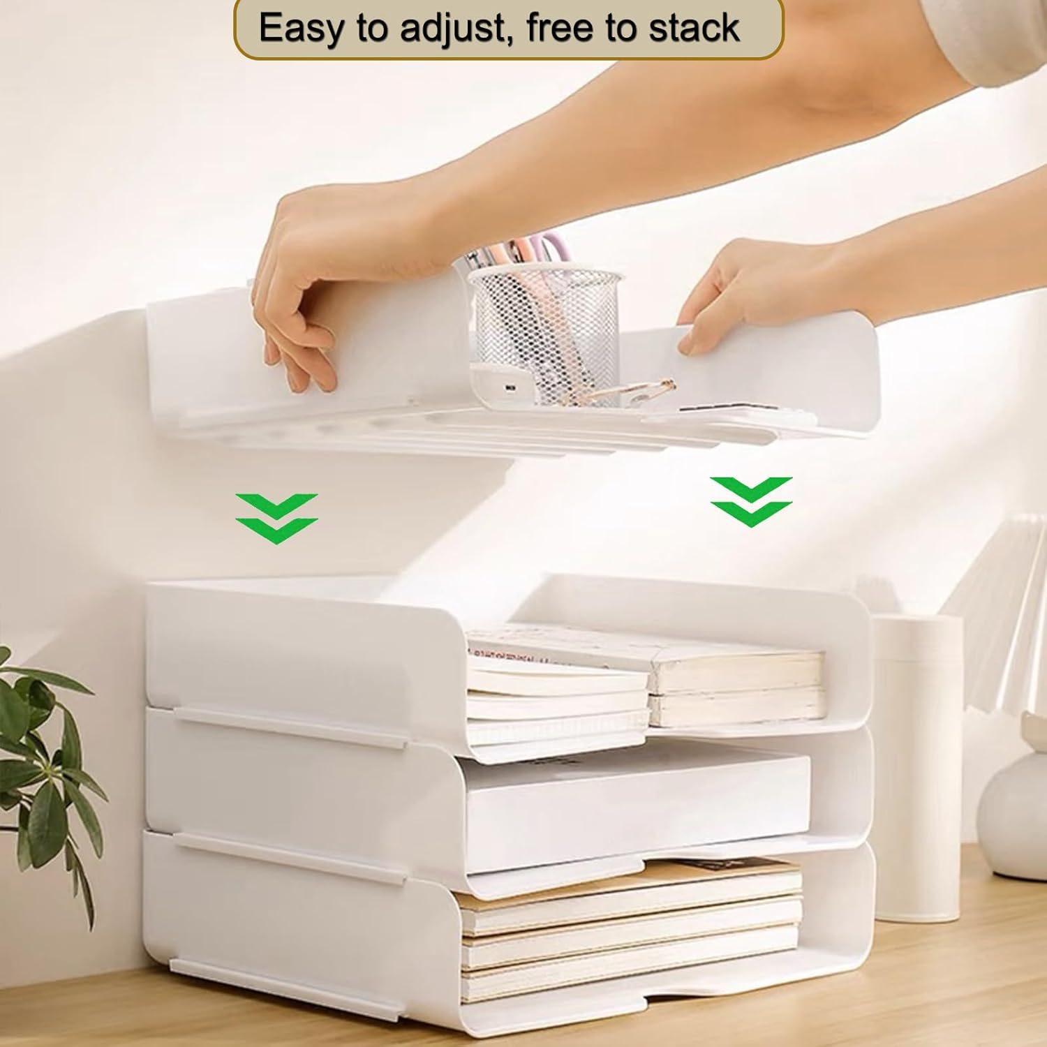Desk Organiser and Storage, 4-Tier Paper Letter Tray Organiser, Stackable White Desktop Organiser, Storage Compartments, Stackable Order for Documents, Paper, Book Magazine, Office Supplies （4 Pack） image number 4