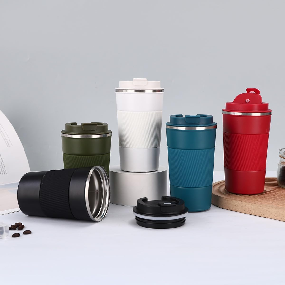 FAMKX Stainless Steel Insulated Travel Mug Flip up Tumbler, Double Wall Vacuum Thermos Cup Keep Drink Cold and Hot (Blue, 17 Ounces) image number 2