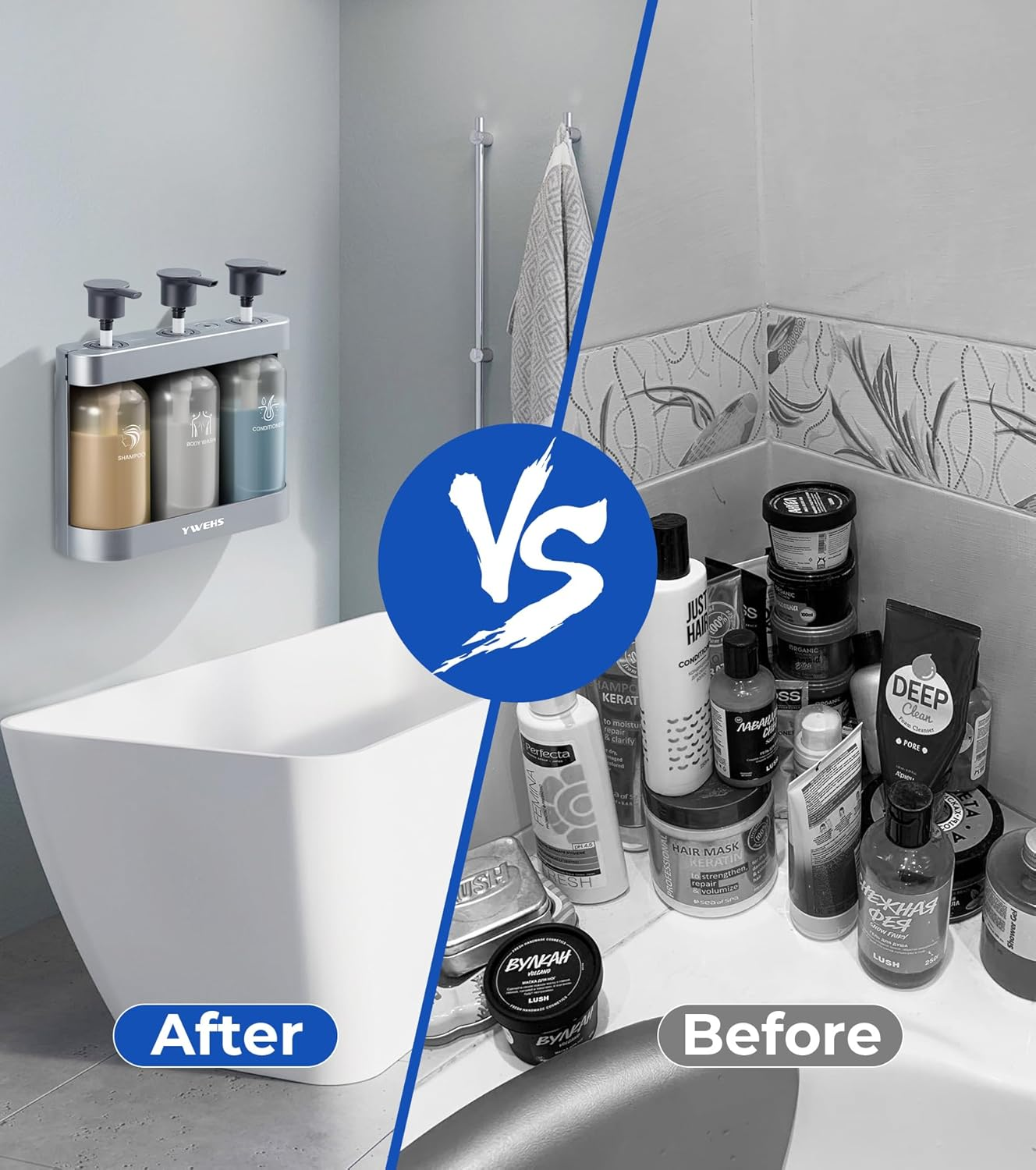 YWEHS Shampoo Dispenser for Shower Wall Mounted, Shower Soap Dispenser 3 Chamber No Drill, 12.85 Fl.Oz*3 Shampoo Conditioner Body Wash Dispenser for Bathroom Hotel, Silver, 3 Refillable Bottles - Sliver image number 4