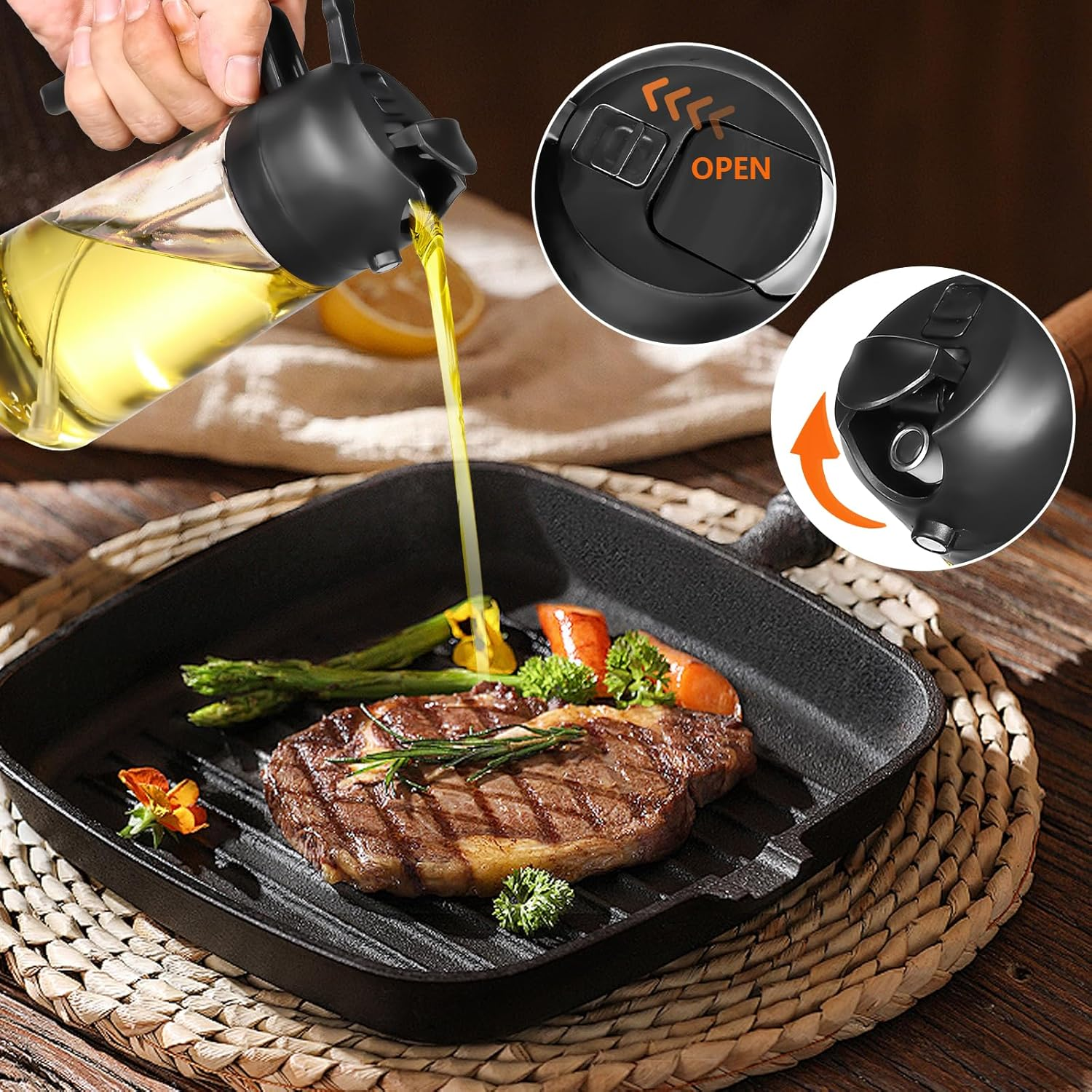 Lychico Oil Dispenser Bottle 470Ml/16Oz, 2 in 1 Oil Dispenser and Oil Sprayer, Food Grade Spray Bottle for Kitchen Cooking, Oil Dispenser for BBQ, Salad, Baking Steak, Air Fryer, Black image number 3