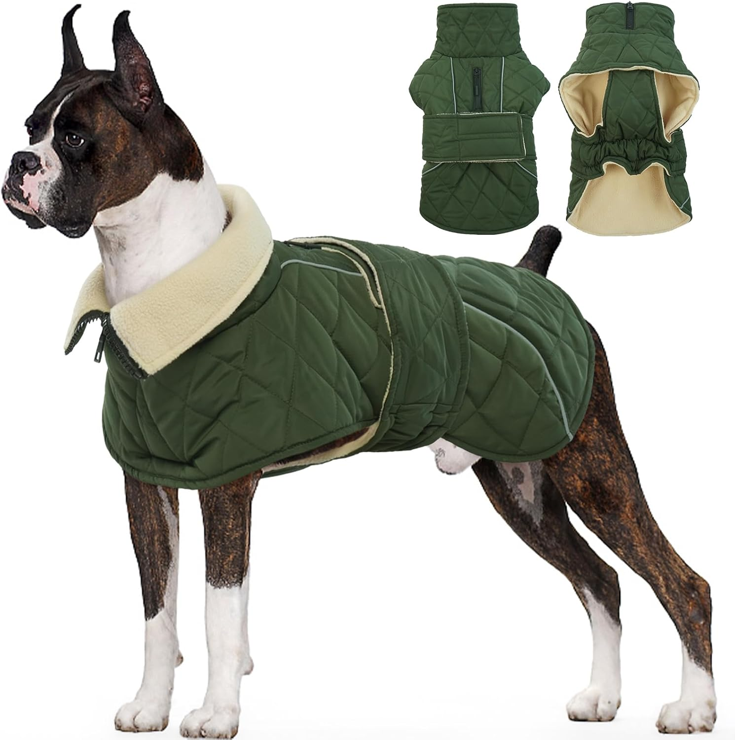 Kuoser Dog Coat, Extra Warm Dog Jacket Windproof Dog Cold Weather Coats for Medium Dogs, Fleece Lining Turtleneck Dog Snowsuit Reflective Adjustable Dog Winter Clothes, Green M