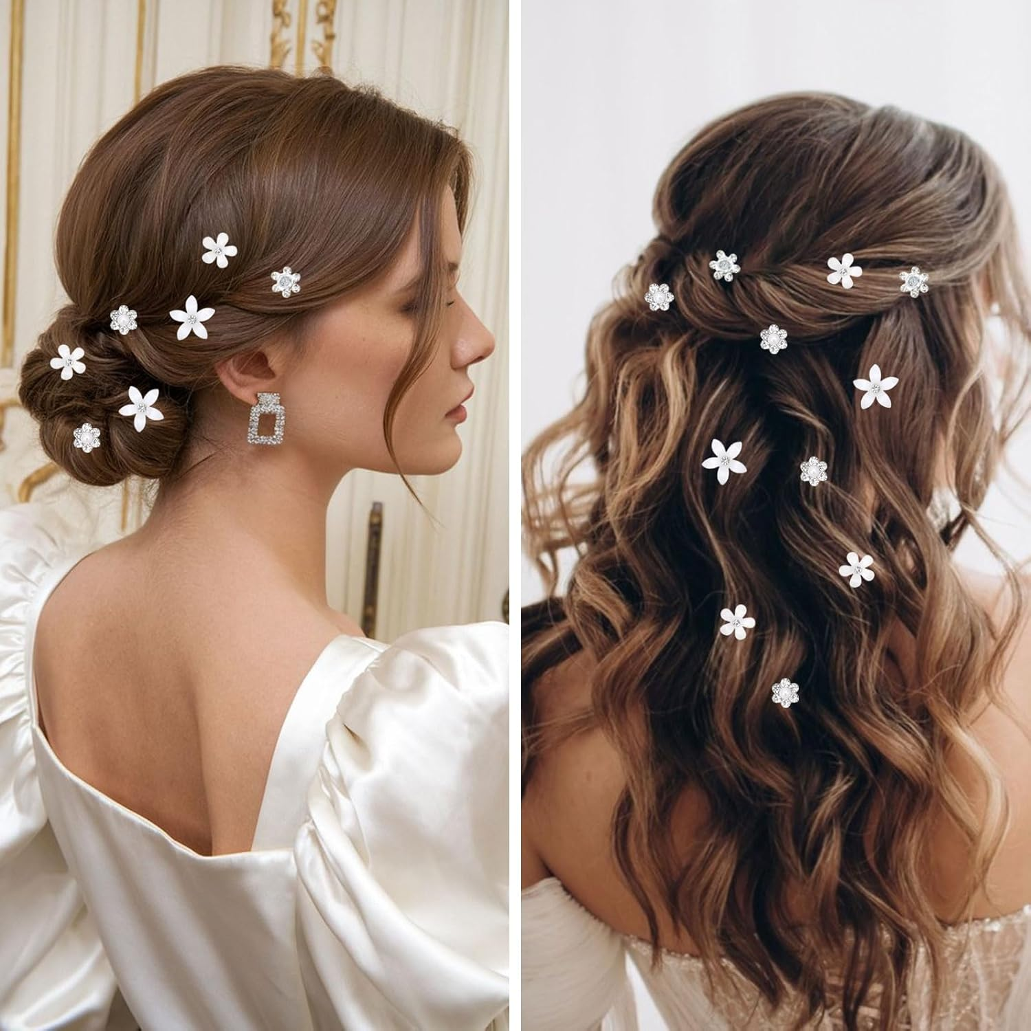 Mezrkuwr 20 Pieces White Small Flower Hair Clips Mini Rhinestone Metal Hair Pins for Women Bridal Flower Girl Wedding Hair Clips Hair Accessories for Girls and Women image number 2