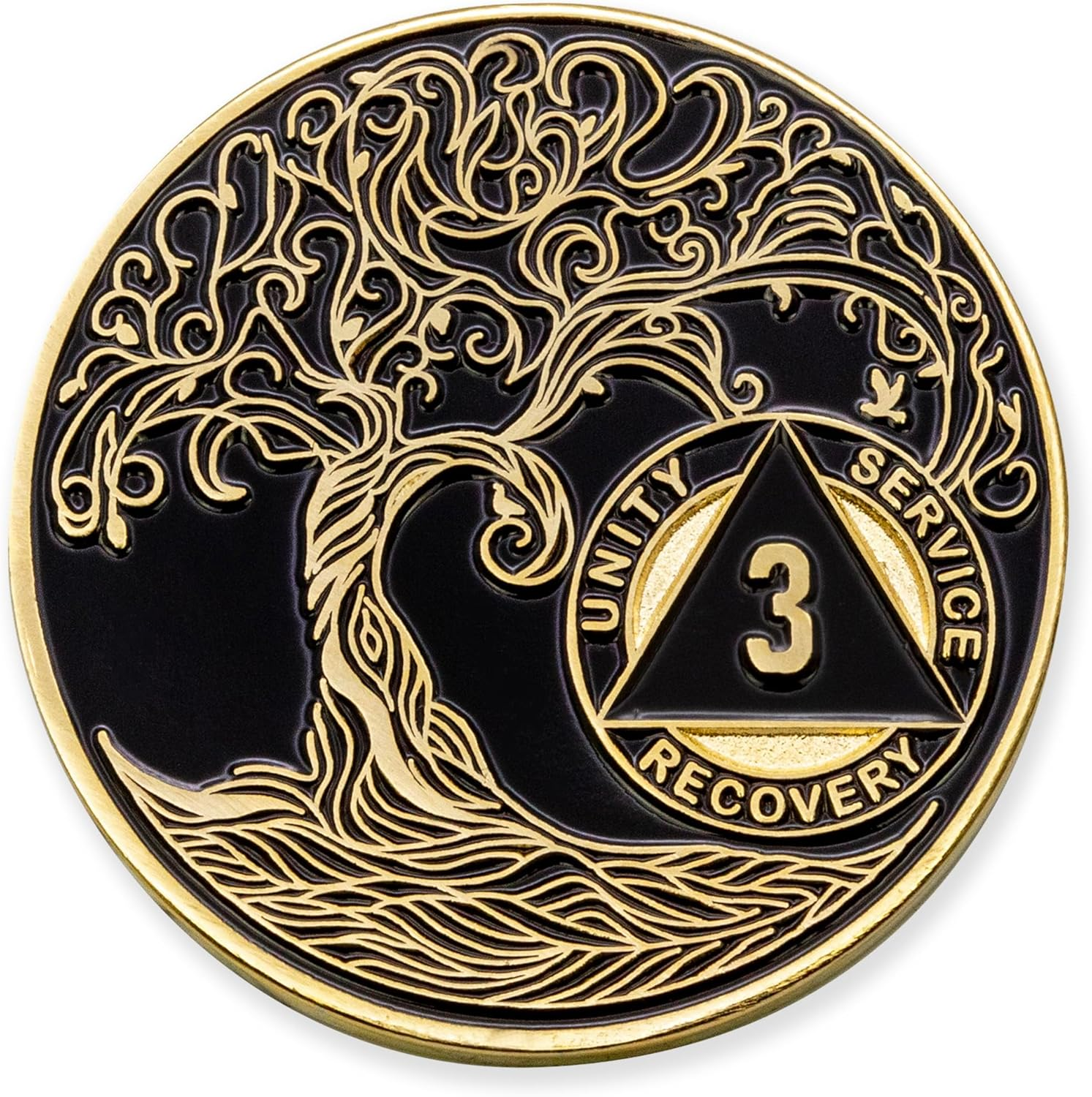 9 Months Sobriety Mint Twisted Tree of Life Gold Plated AA Recovery Medallion/Chip/Token - Black image number 1