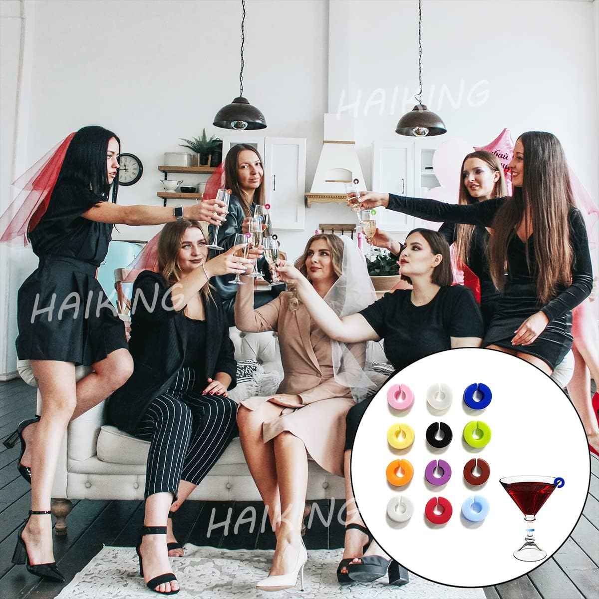 HAIKING Silicone Wine Glass Charms Markers, 12 Pieces Drink Markers for Glasses for Cocktails, Champagne, Martinis, Wine Glasses (12 Colors) image number 4
