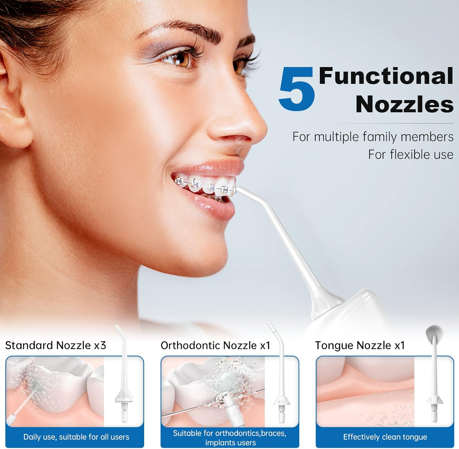 Mitdir Y801 Water Dental Flosser Oral Irrigator 5 Jet Tips 4 Modes IPX7 Waterproof 300ML Detachable Water Tank Portable Cordless Rechargeable Teeth Cleaner for Home&Travel (White) image number 3