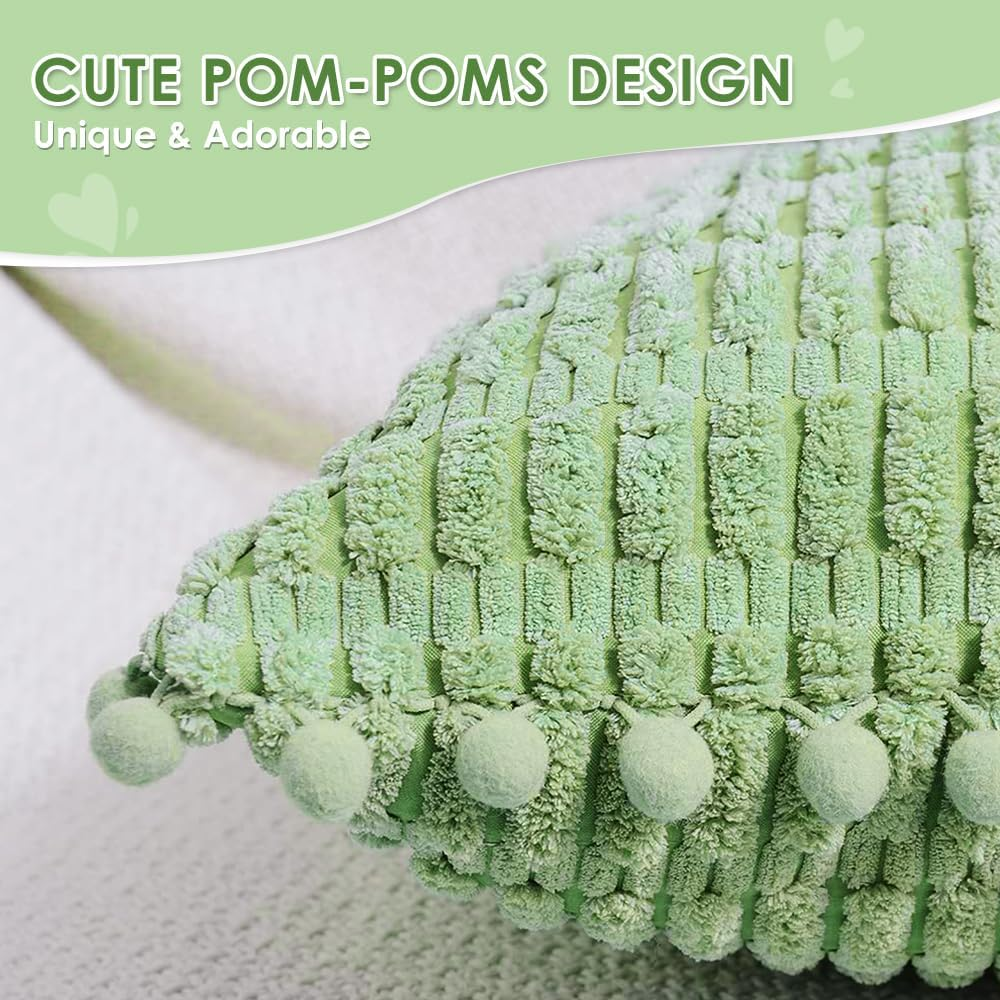 AUTOWT 2 Packs Decorative Throw Pillow Covers - 45 X 45 Cm Outdoor Cushion Cases with Pom-Poms - Boho Home Decor - Square Striped Corduroy Pillowcase for Couch Sofa Bed Bedroom Living Room (Green)