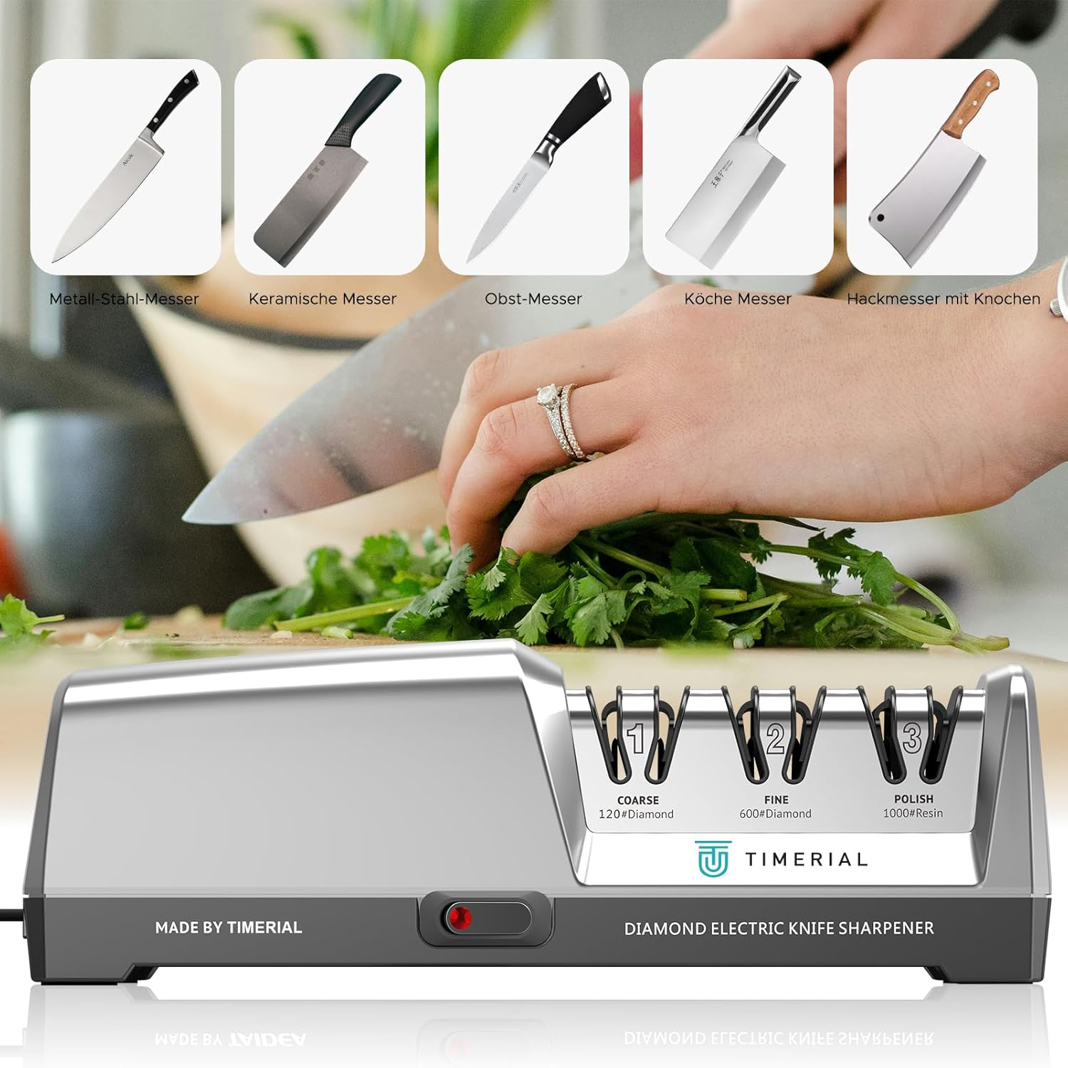 TIMERIAL Electric Knife Sharpener 3-Stage Diamond Grinding Disc 15&deg; Precision Angle Guide for Sharpening and Polishing Kitchen Knives Made of Steel, 120 Grit and 600 Grit and 1000 Grit image number 2