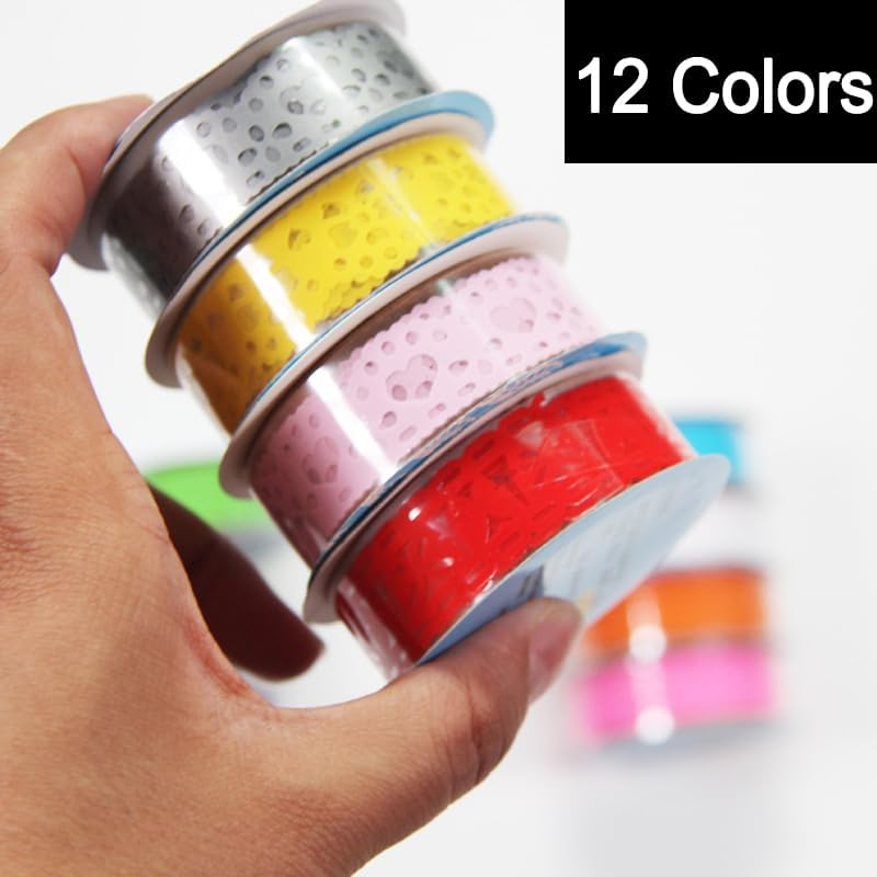 12 Rolls Lace Adhesive Tape Washi Tape Lace Flower Pattern Bling Sticker,Lace Pattern Colorful Sticky Pape for DIY Decorative Craft Gift Wrapping (Mixed Color) image number 4