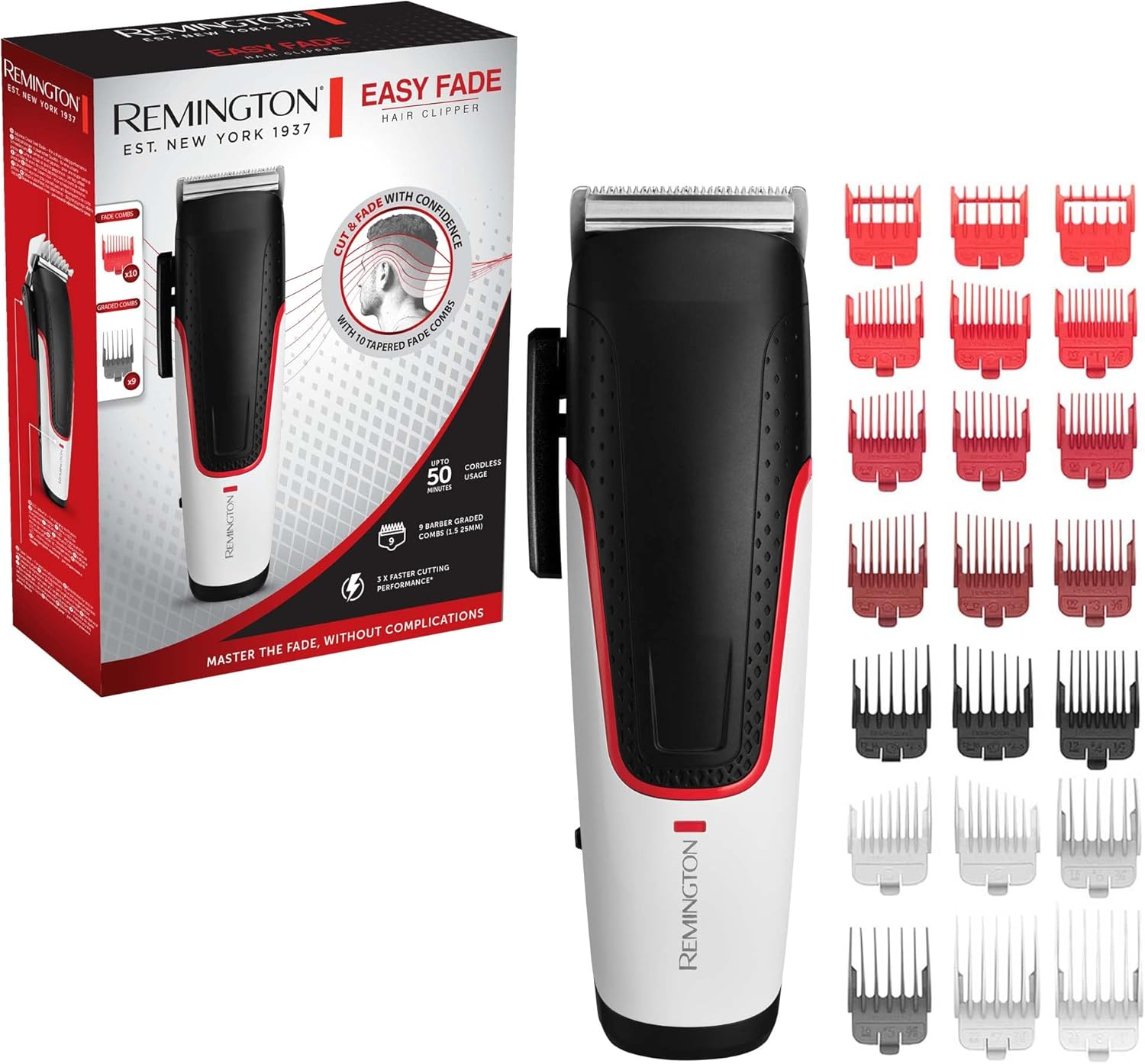 Remington HC500 Hair Trimmer (Self-Sharpening Stainless Steel Blades, 10 Angled Fade Combs, 9 Attachment Combs, 2 Combs for Hair behind the Ears, Mains/Battery Operation) Hair Trimmer Easy Fade image number 2