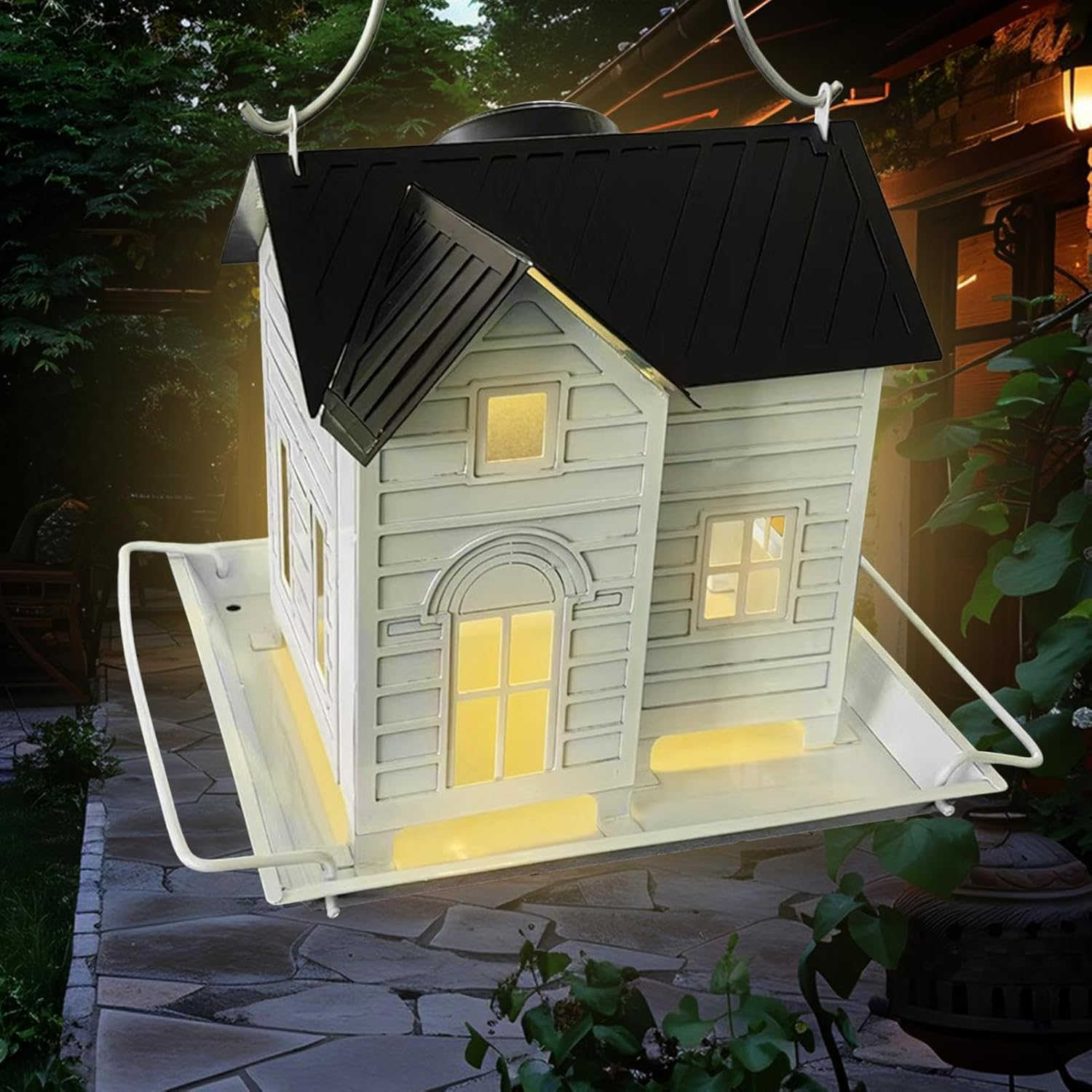 Bird Feeder for outside - Metal Finch Food Dispenser with Solar Powered Lantern - Bluebird Feeding Supplies for Garden, Farmhouse, Backyard, Balcony - Solar Model image number 5