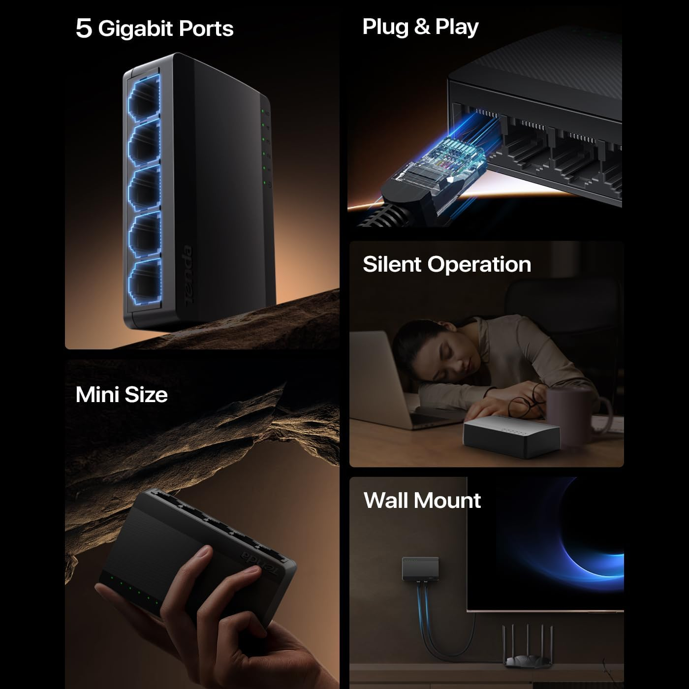 Tenda 5 Port Gigabit Ethernet Switch, Desktop Ethernet Splitter, Unmanaged Network Switch Hub, Plug & Play, Wall-Mount, Fanless Quiet, for Ethernet Cable, Router, PC, NAS (SG105M) image number 1