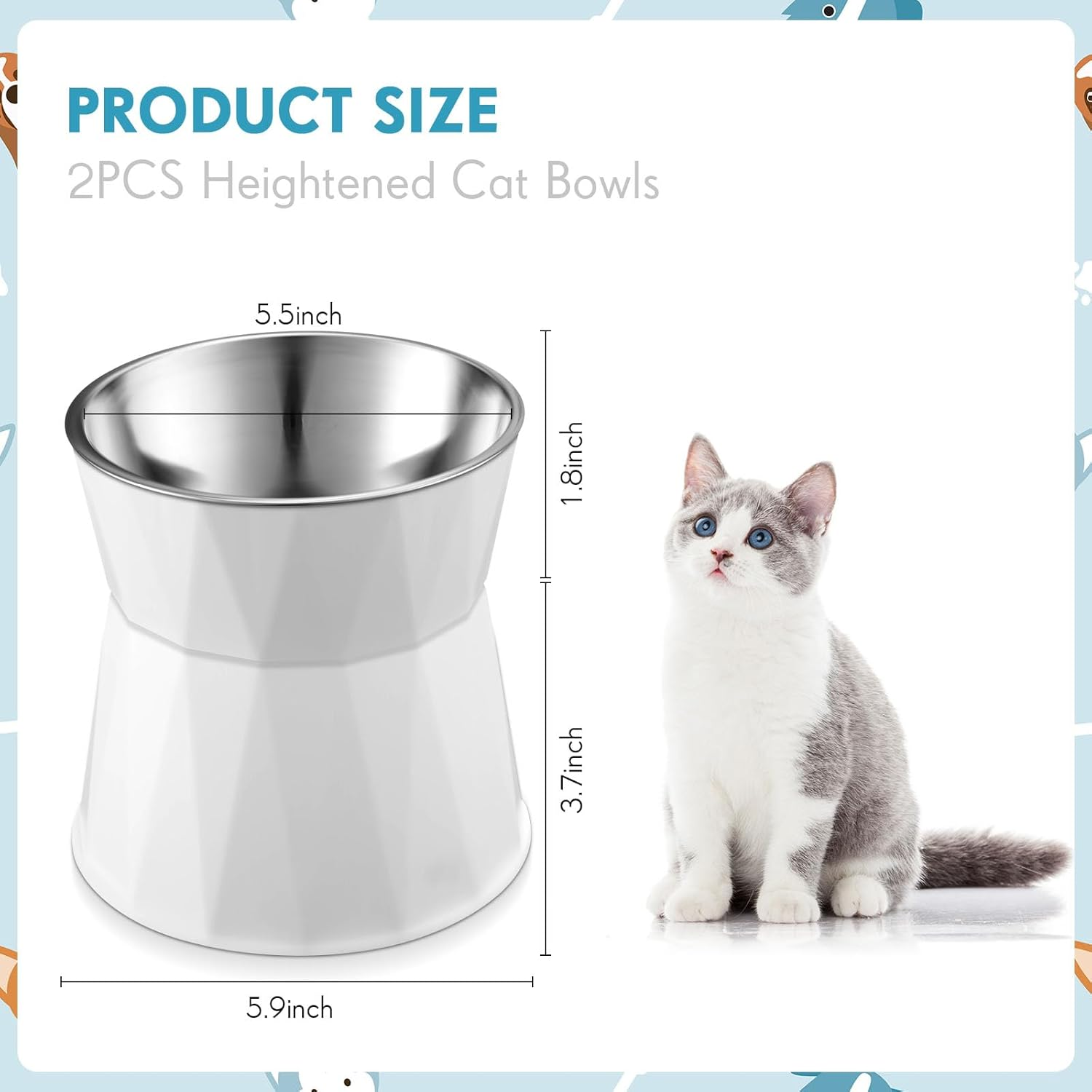 Lallisa 2 Pcs Elevated Cat Bowls Adjustable Raised Cat Feeder Non Slip Food Water with Stand Safe Stainless Steel Bowls with Pet Food Stand for Pets Feeding Eating(White) - White image number 3