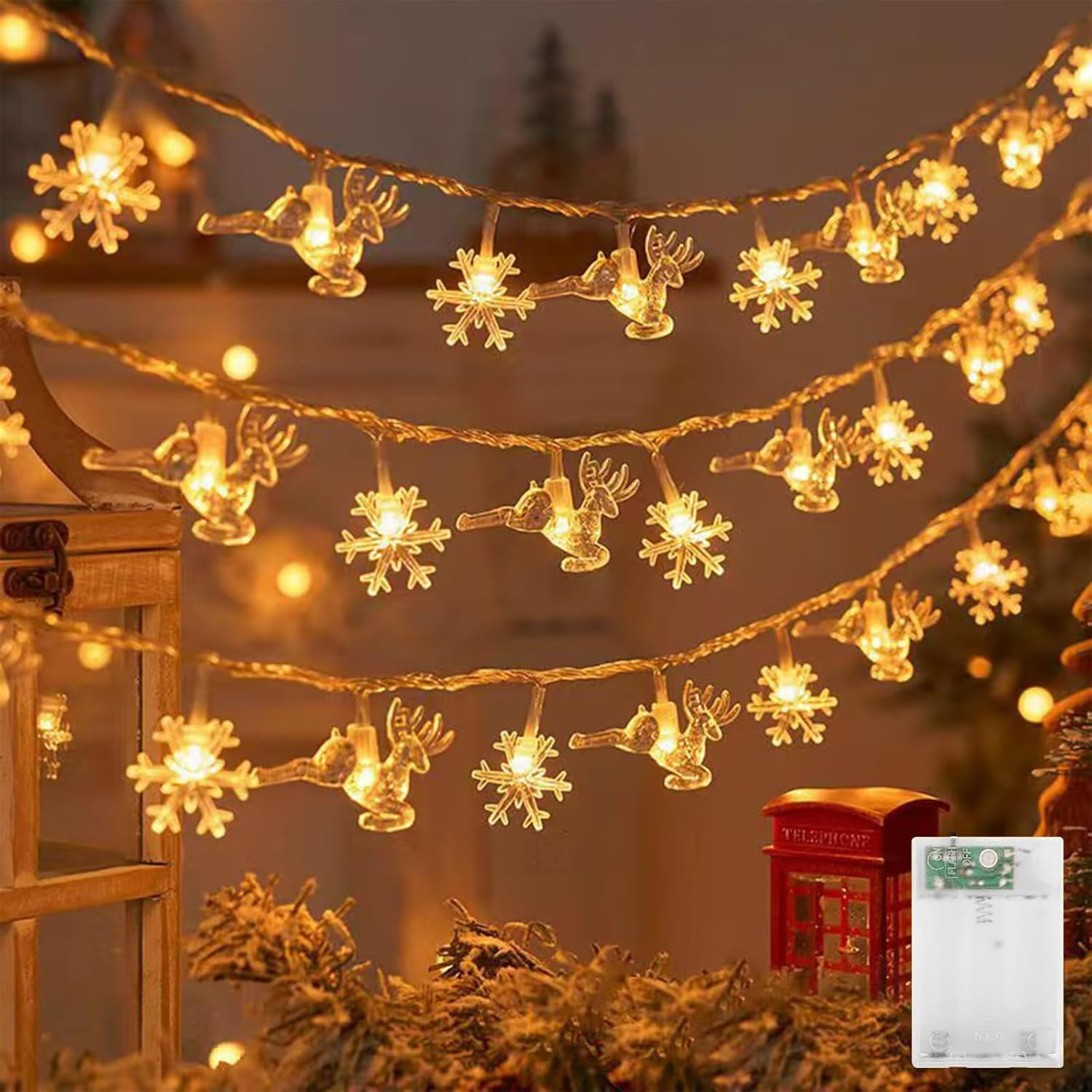LED Fairy Lights with Snowflakes and Angels, Warm White, 3 Metres, 20 Leds, Christmas Lights for Indoor, Decorative Lighting image number 2