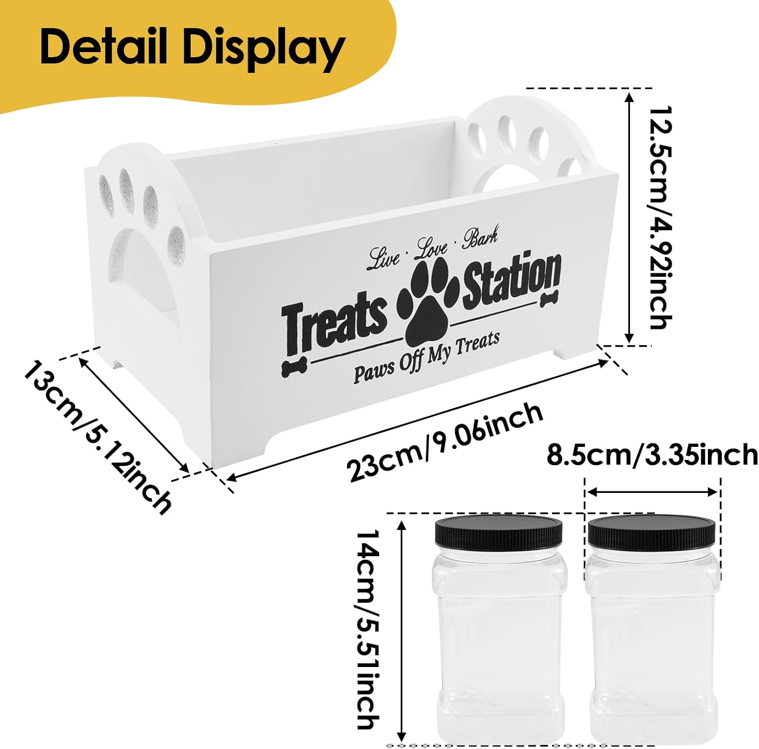 Dog Treat Container,Dog Food Storage Wood with 2 Plastic Jars,Dog Cookie Jar for Dog Food Storage for Pet Owners and Lovers (White)