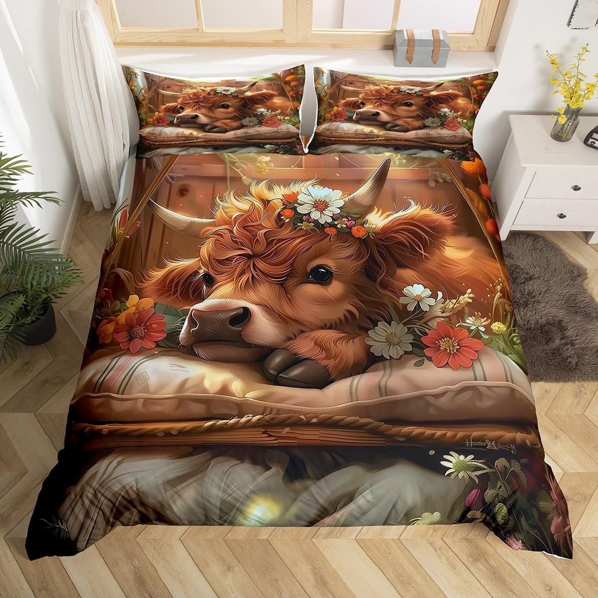 Homewish Cute Highland Cow Duvet Cover for Children Funny Cow Calf Bedding Set 135 X 200 Cm Western Farm Animal with Daisy Flowers Comforter Cover with 1 Pillowcase Bed Set