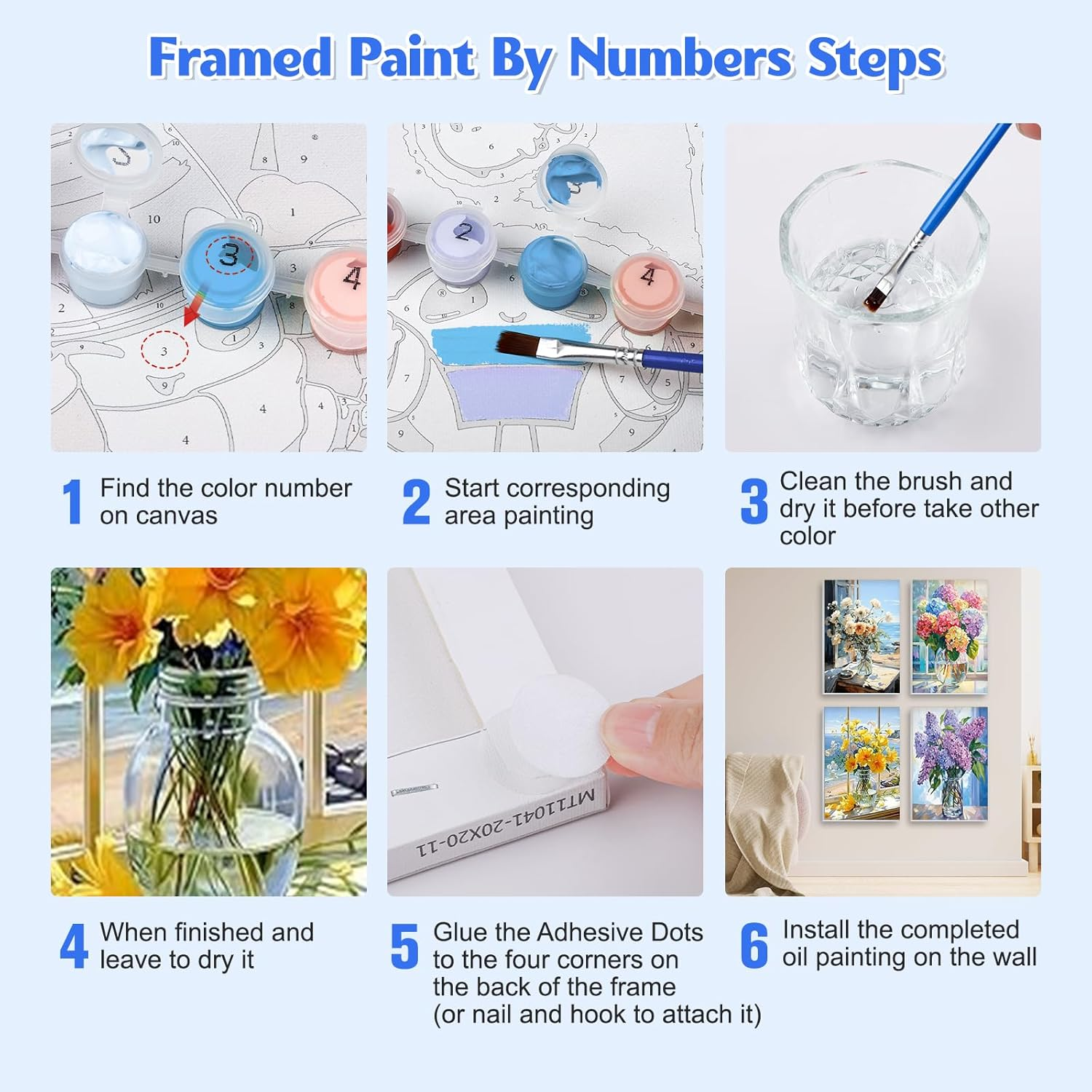 NAIMOER 4 Pack Framed Paint by Numbers Vase Flowers for Adults Kids, DIY Easy Window Flowers Painting by Numbers with Frame Wooden Holder, Painting Art on Canvas Gifts Home Wall Decor 8X12In image number 6