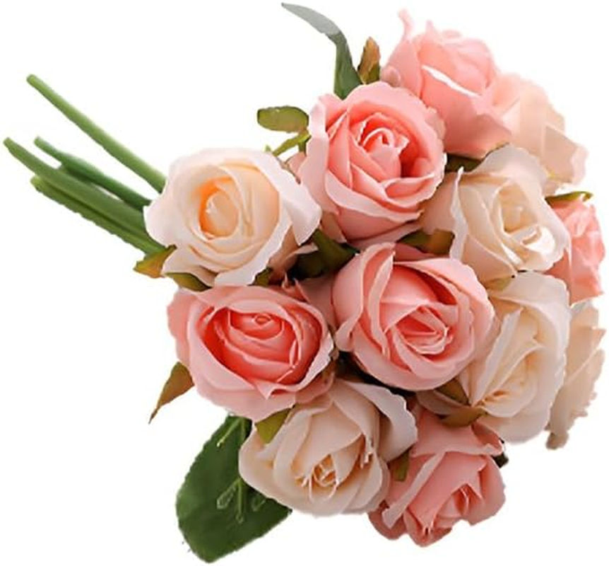12 Heads Silk Rose Artificial Flowers Fake Bouquet Buch Home Wedding Party Decor, Real-Touch Fabric and Plastic, 25Cm Length