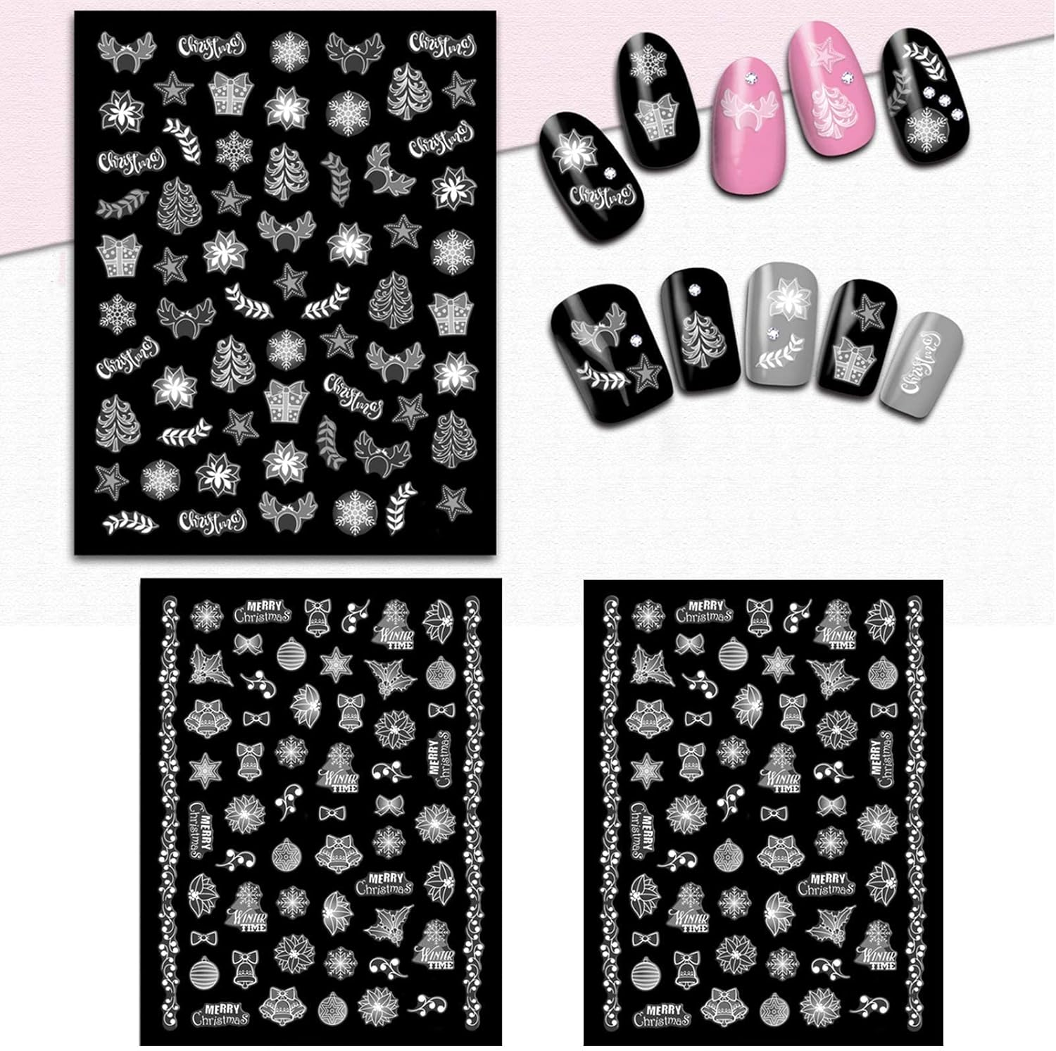 Tailaimei Christmas Nail Art Stickers Decals, Self-Adhesive White Nail Decorations Design for Santa Claus Snowflake Snowman (800 Pcs, 9Sheets) image number 2