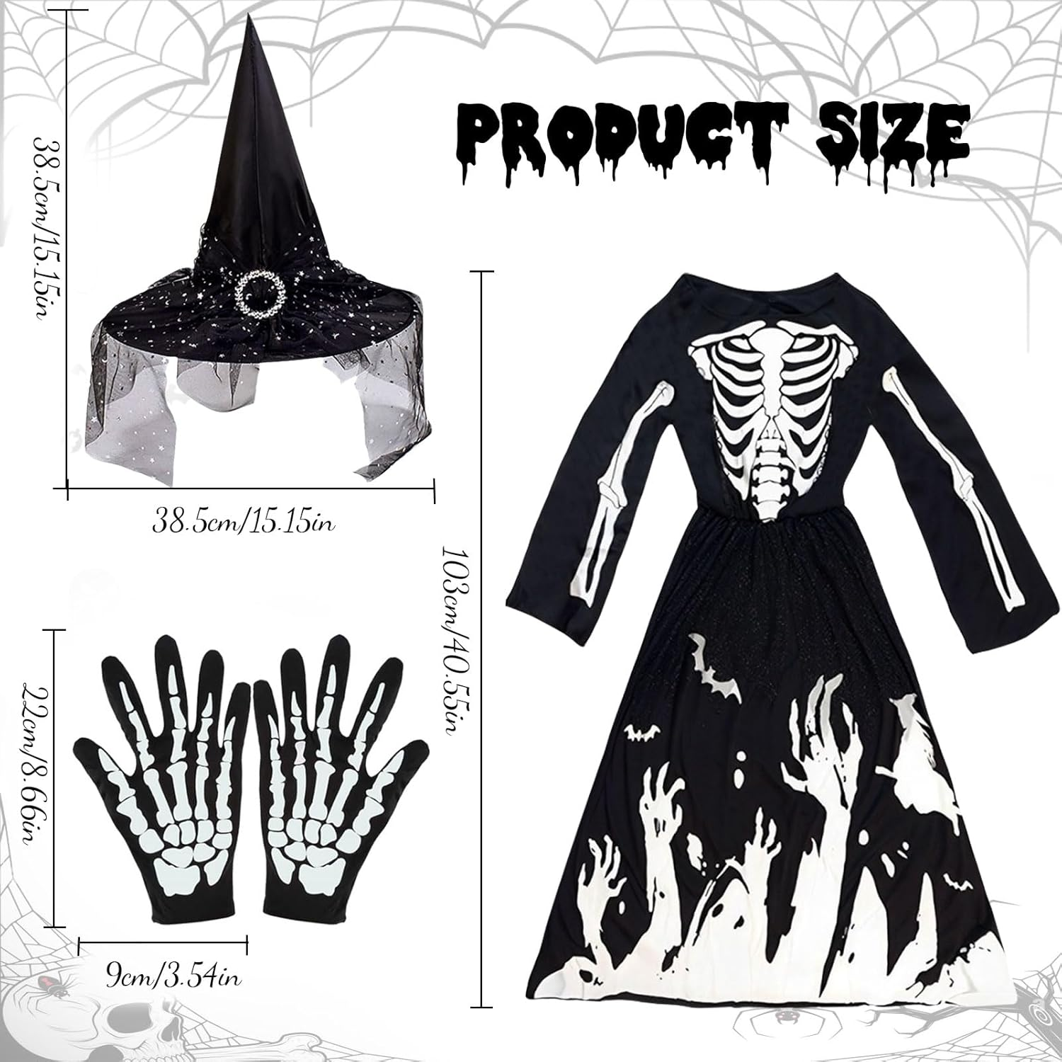 Giugio Witch Costume Girls, Princess Skeleton Costume Children Girls, Halloween Skeleton Costume with Skeleton Gloves and Witch Hat, Witch Costume Vampire Costume Child Witch Costume for Carnival image number 6