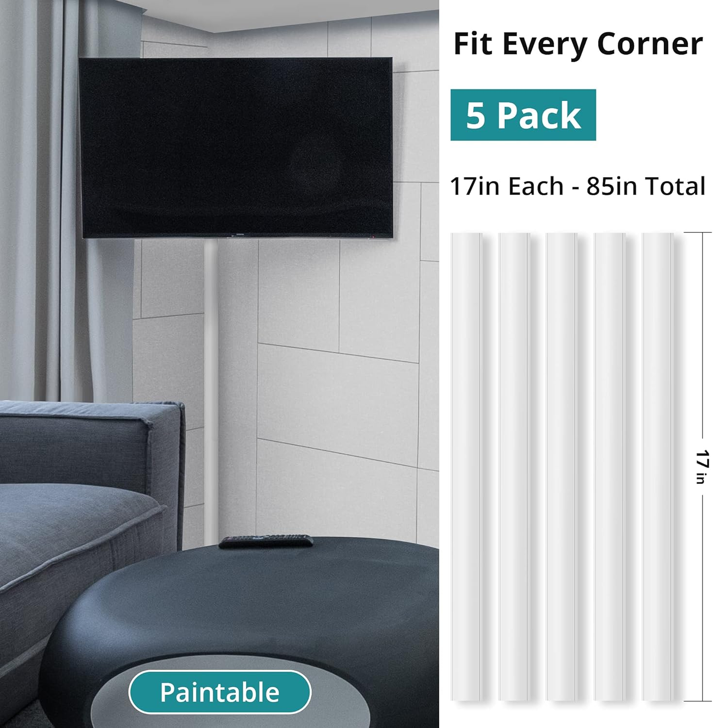 85In Corner Cord Hider, Large Capacity Wire Covers for Cords, Cord Concealer Paintable Corner Cord Cover, Quarter round Cable Raceway for Wall, Floor, Baseboard, Ceiling, 5 X L 17In, Beige