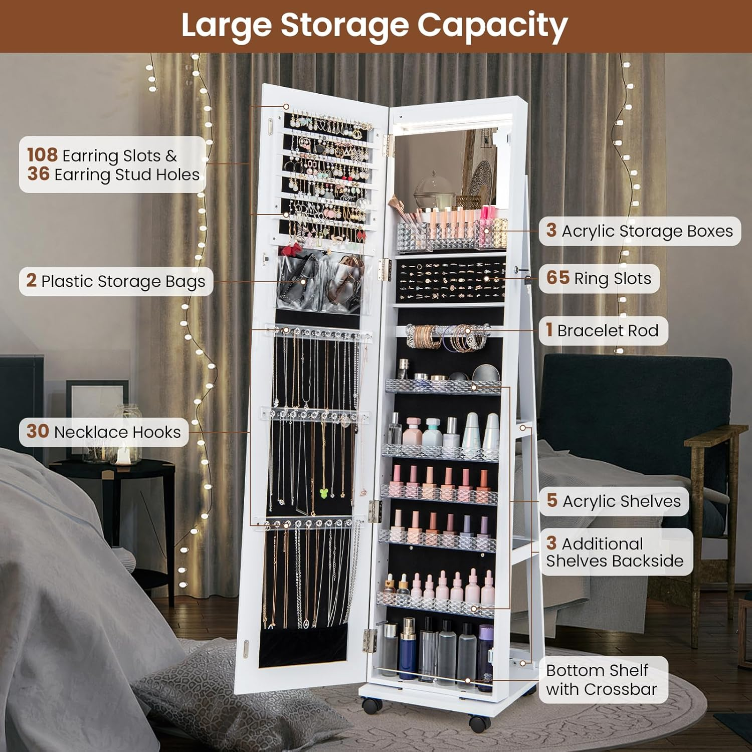 Costway Mirror Standing Jewelry Organizer, Cosmetic Storage Organizer with Lock, 3 Color LED Lights, Built-In Vanity Mirror, Universal Wheels, Freestanding Makeup Storage Cabinet image number 3
